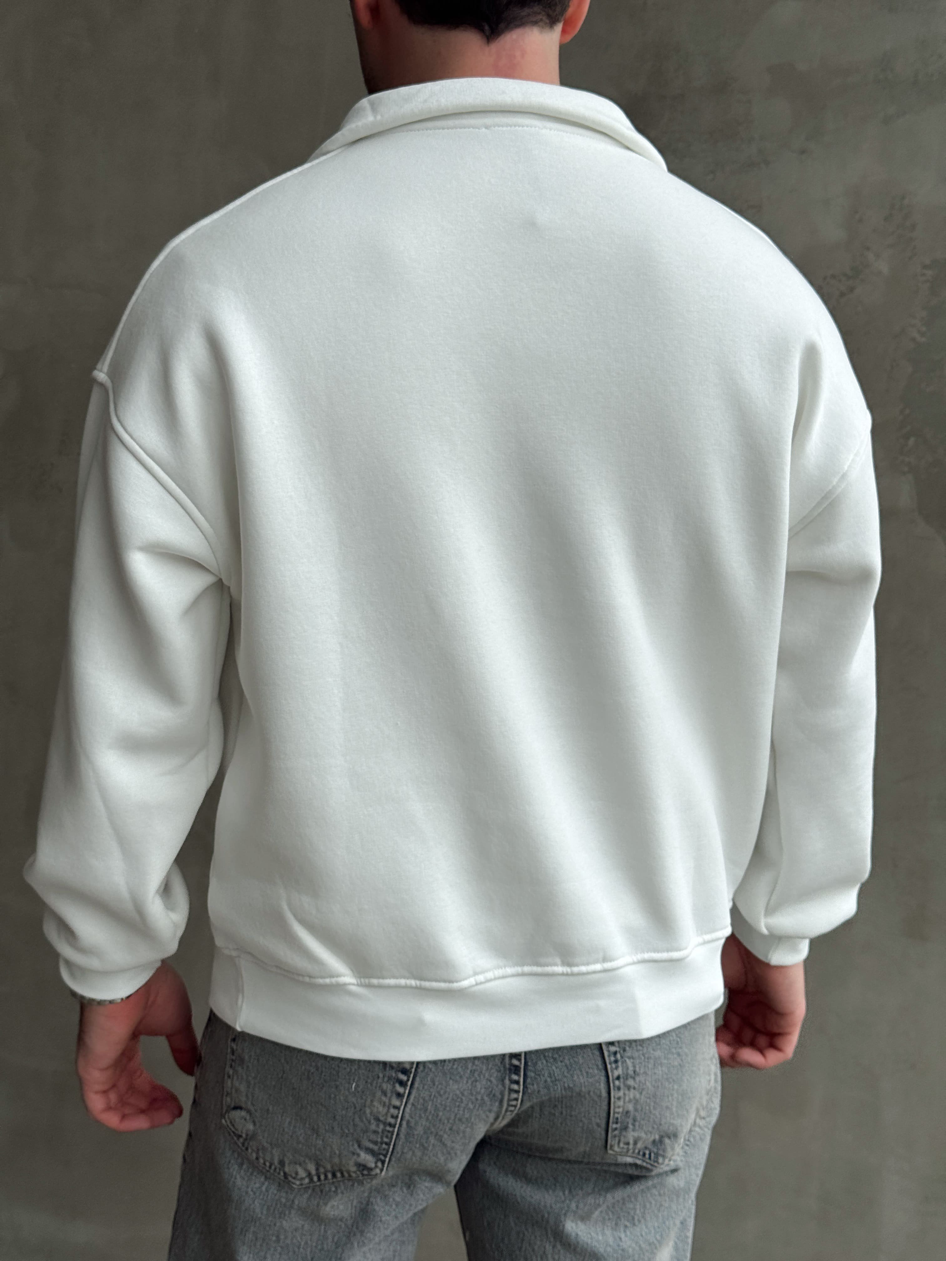 Erkek Yani Sezon Oversize Kalıp Yarım Fermuarlı 3 İplik Basic Sweat-Beyaz(E1806)Ketench