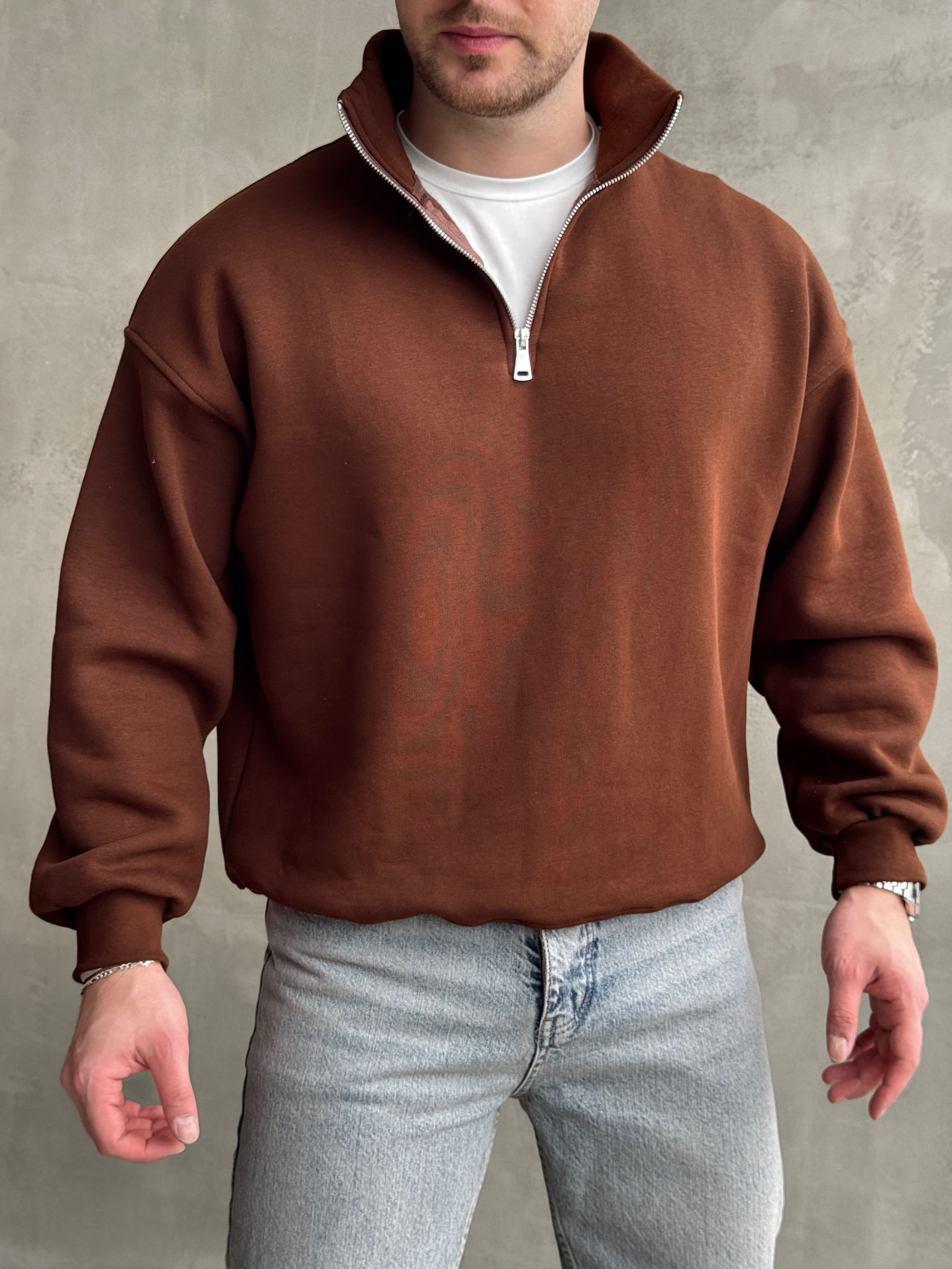 Erkek Yani Sezon Oversize Kalıp Yarım Fermuarlı 3 İplik Basic Sweat-Kahverengi(E1806)Ketench