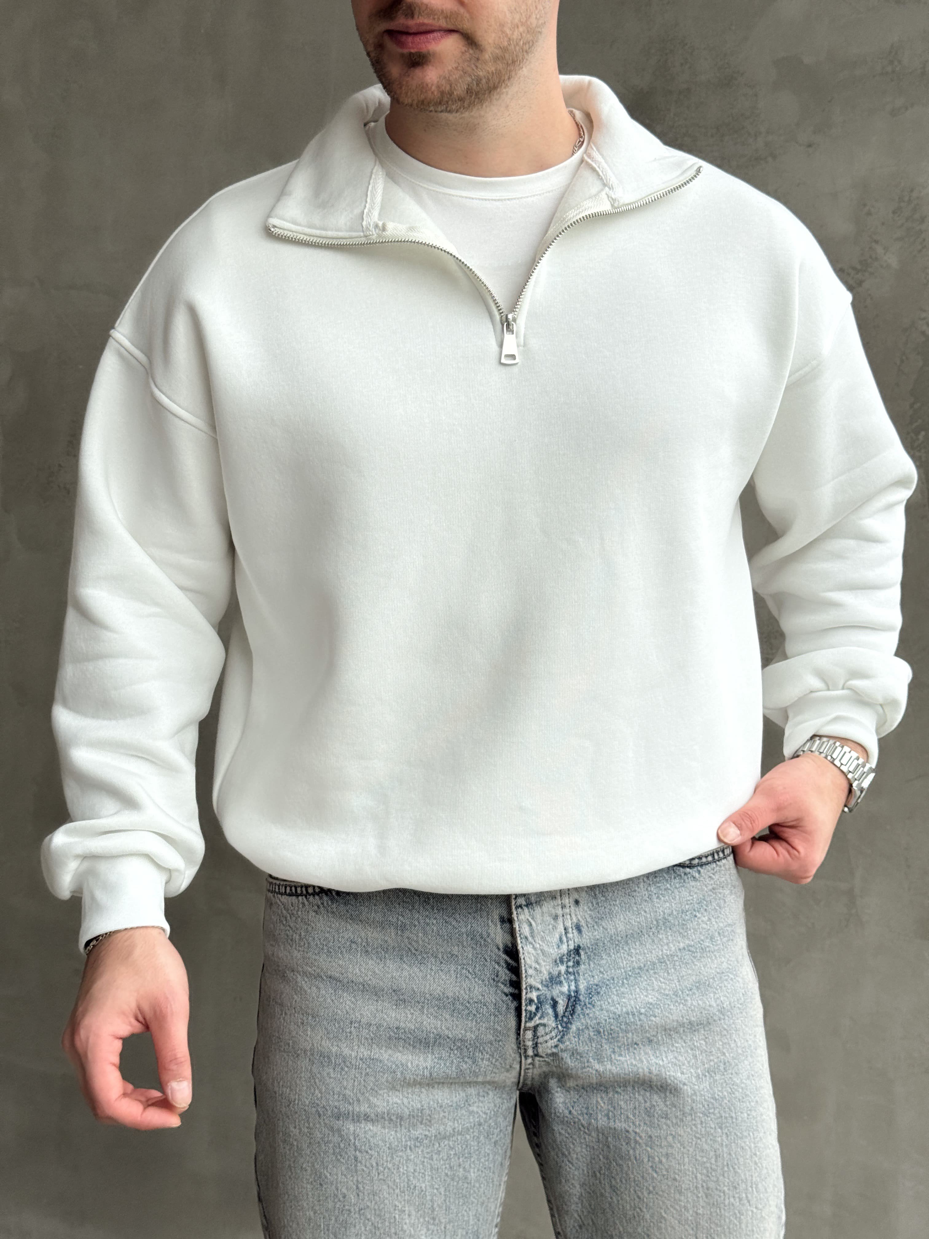 Erkek Yani Sezon Oversize Kalıp Yarım Fermuarlı 3 İplik Basic Sweat-Beyaz(E1806)Ketench