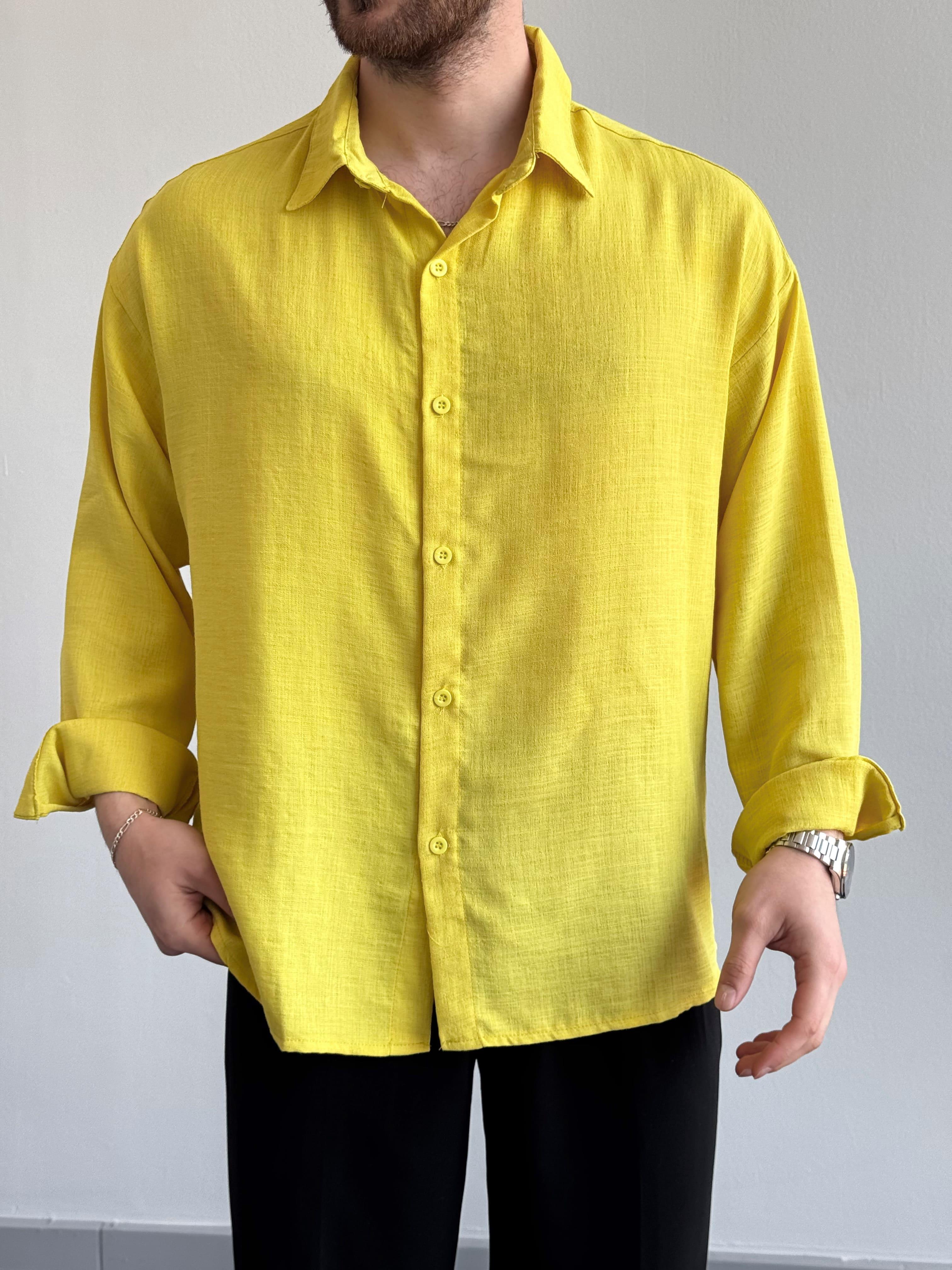 Erkek Yaz Stilinin Vazgeçilmezi Oversize Kalıp Doğal Dokulu Keten Gömlek-Sarı(E1401)Ketench