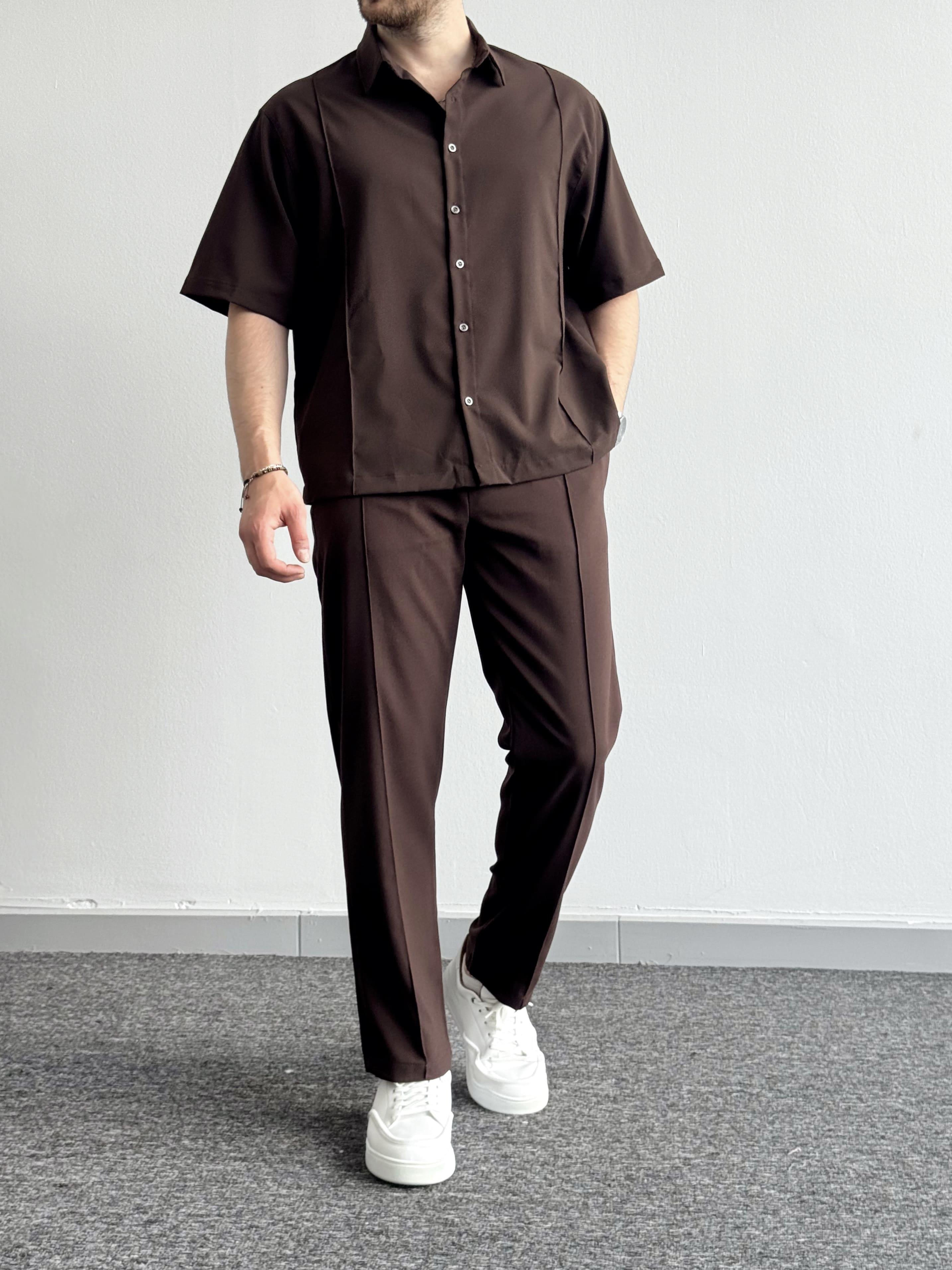 Erkek Yeni Nesil Prime Beli Lastikli Dikiş Detaylı Baggy Kalıp Kumaş Pantolon Ve Oversize Gömlek Takım-Kahverengi(E1432)Ketench