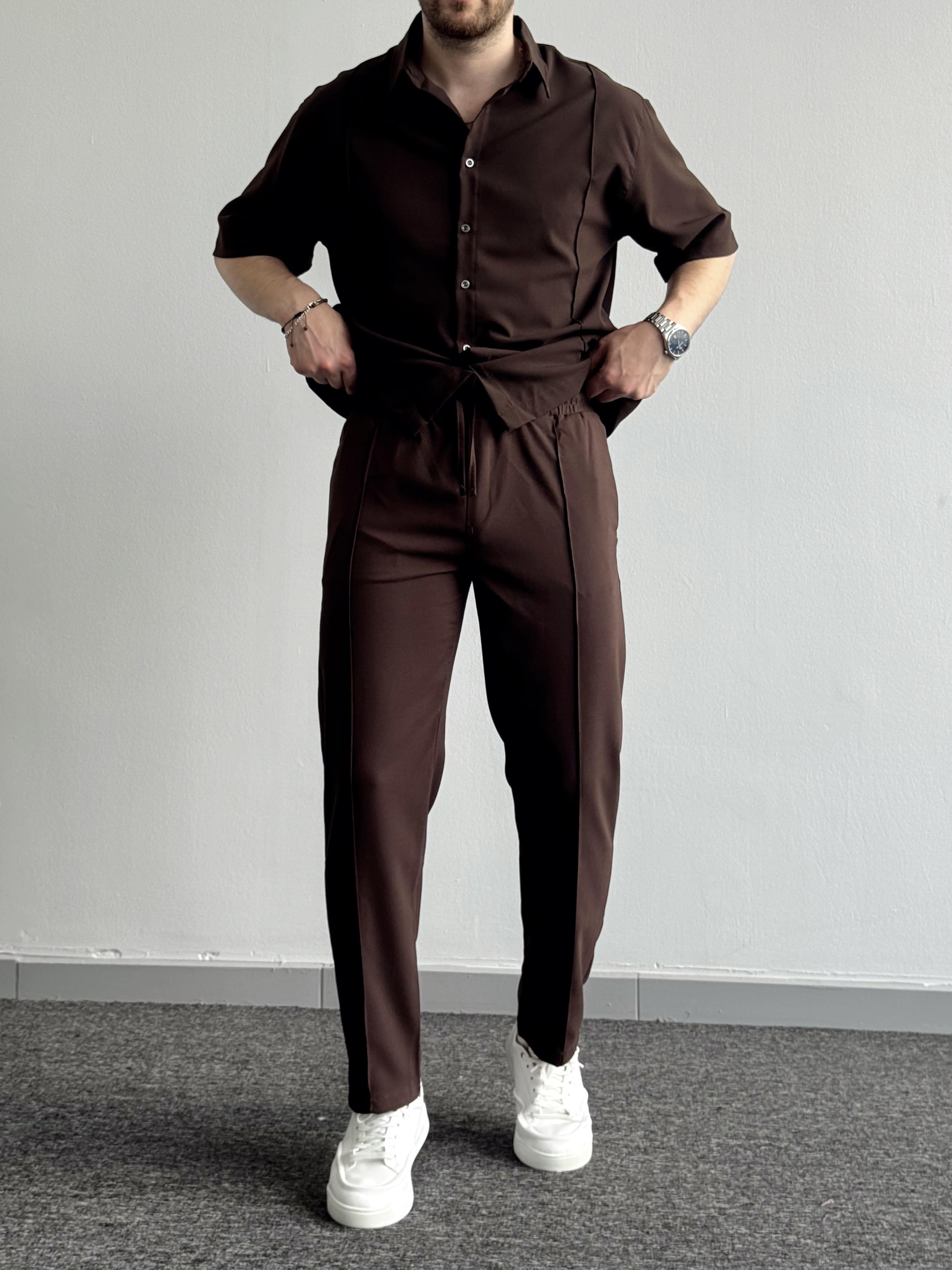Erkek Yeni Nesil Prime Beli Lastikli Dikiş Detaylı Baggy Kalıp Kumaş Pantolon Ve Oversize Gömlek Takım-Kahverengi(E1432)Ketench