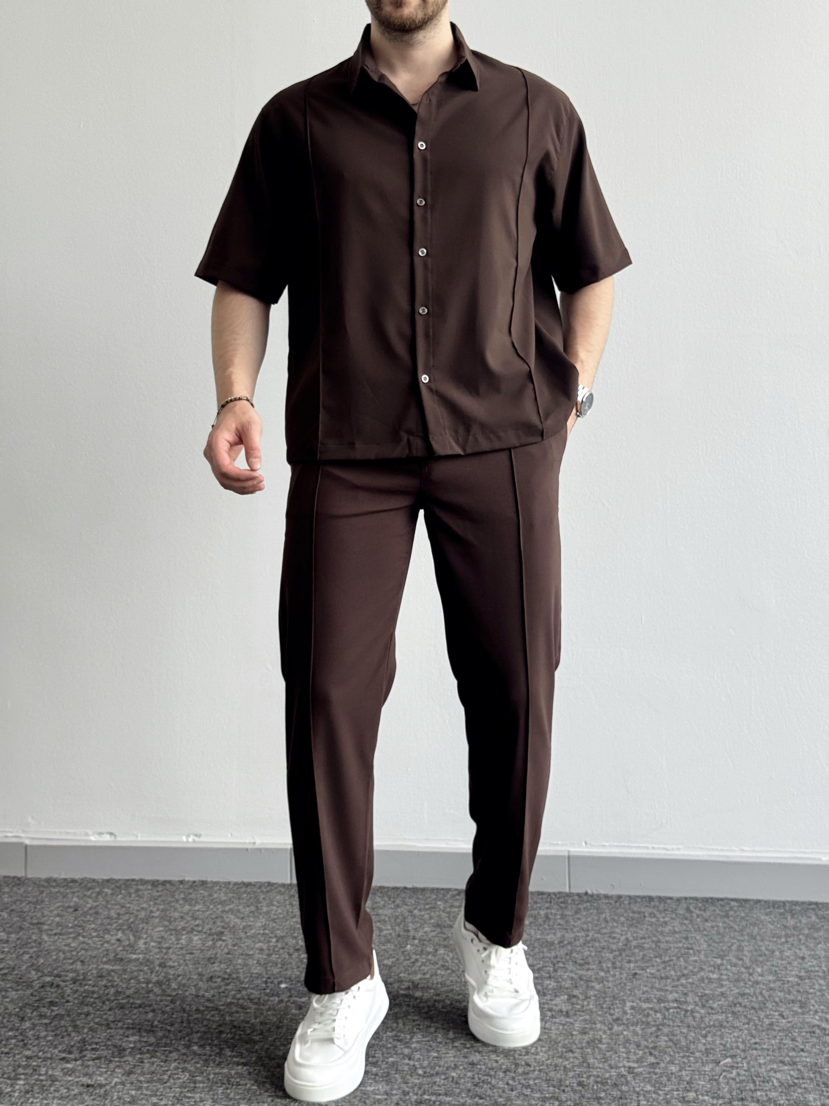 Erkek Yeni Nesil Prime Beli Lastikli Dikiş Detaylı Baggy Kalıp Kumaş Pantolon Ve Oversize Gömlek Takım-Kahverengi(E1432)Ketench