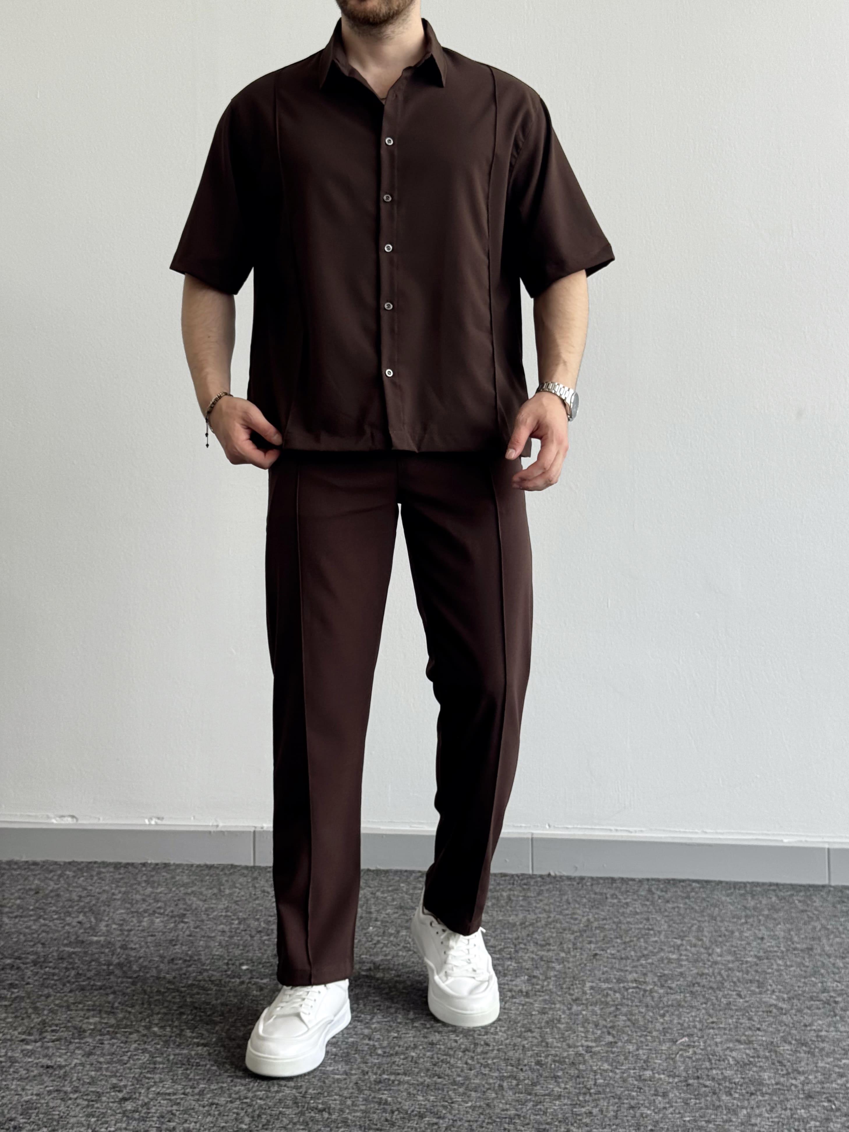 Erkek Yeni Nesil Prime Beli Lastikli Dikiş Detaylı Baggy Kalıp Kumaş Pantolon Ve Oversize Gömlek Takım-Kahverengi(E1432)Ketench