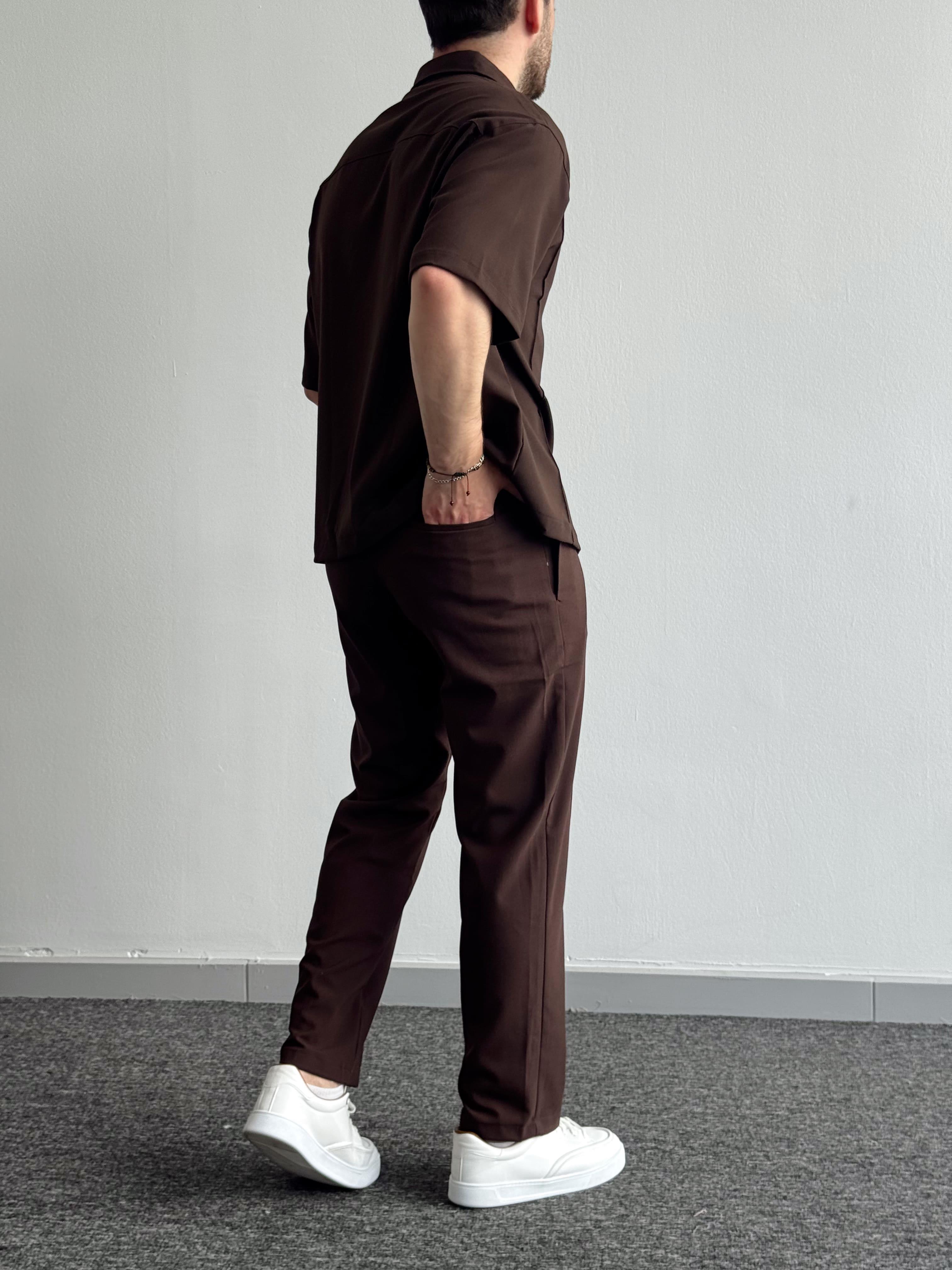 Erkek Yeni Nesil Prime Beli Lastikli Dikiş Detaylı Baggy Kalıp Kumaş Pantolon Ve Oversize Gömlek Takım-Kahverengi(E1432)Ketench