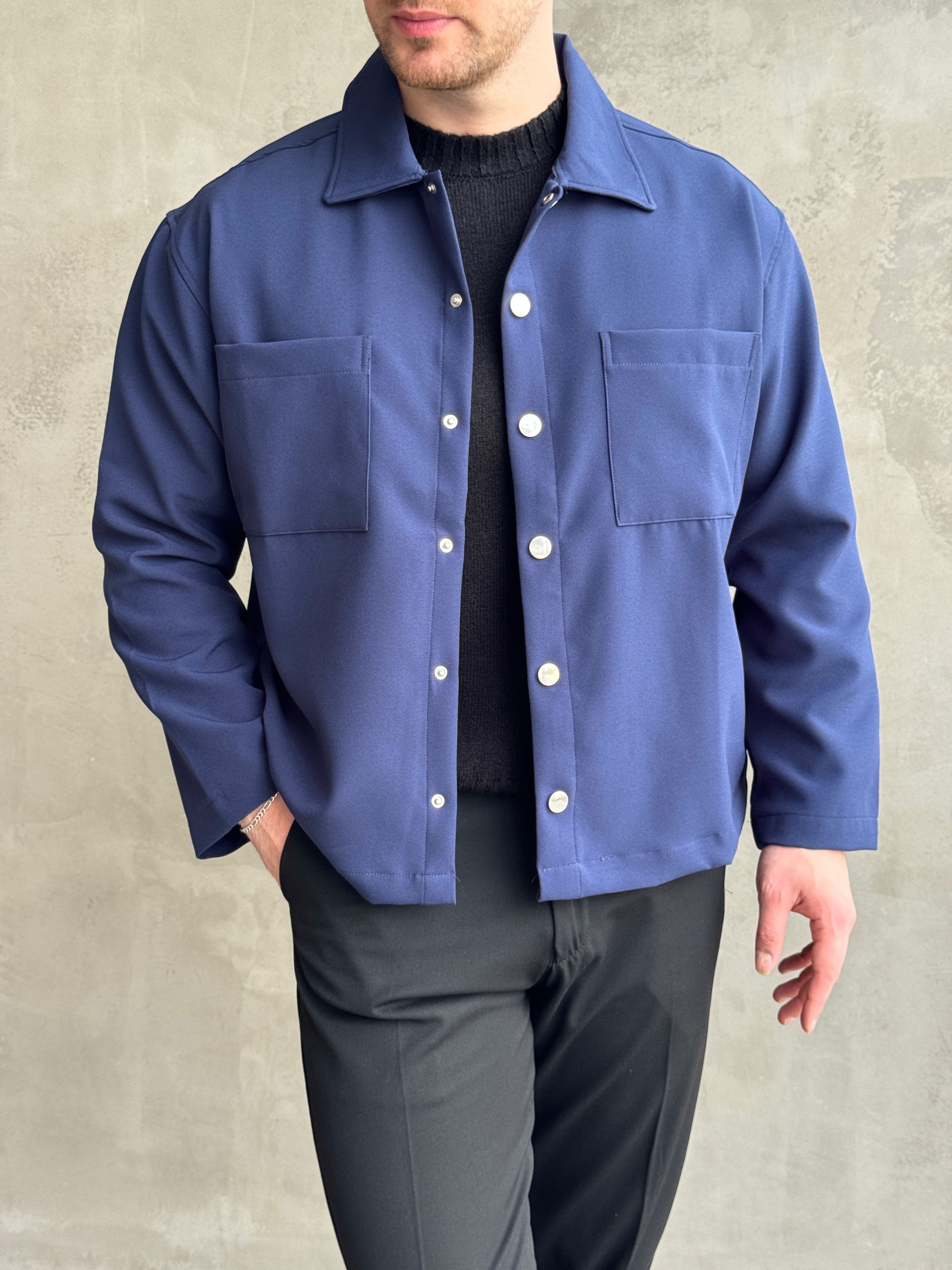 Erkek Yeni Sezon Boxy Fit Çıtçıt Detaylı Mevsimlik Kumaş Gömlek Ceket-Lacivert(E1824)Ketench