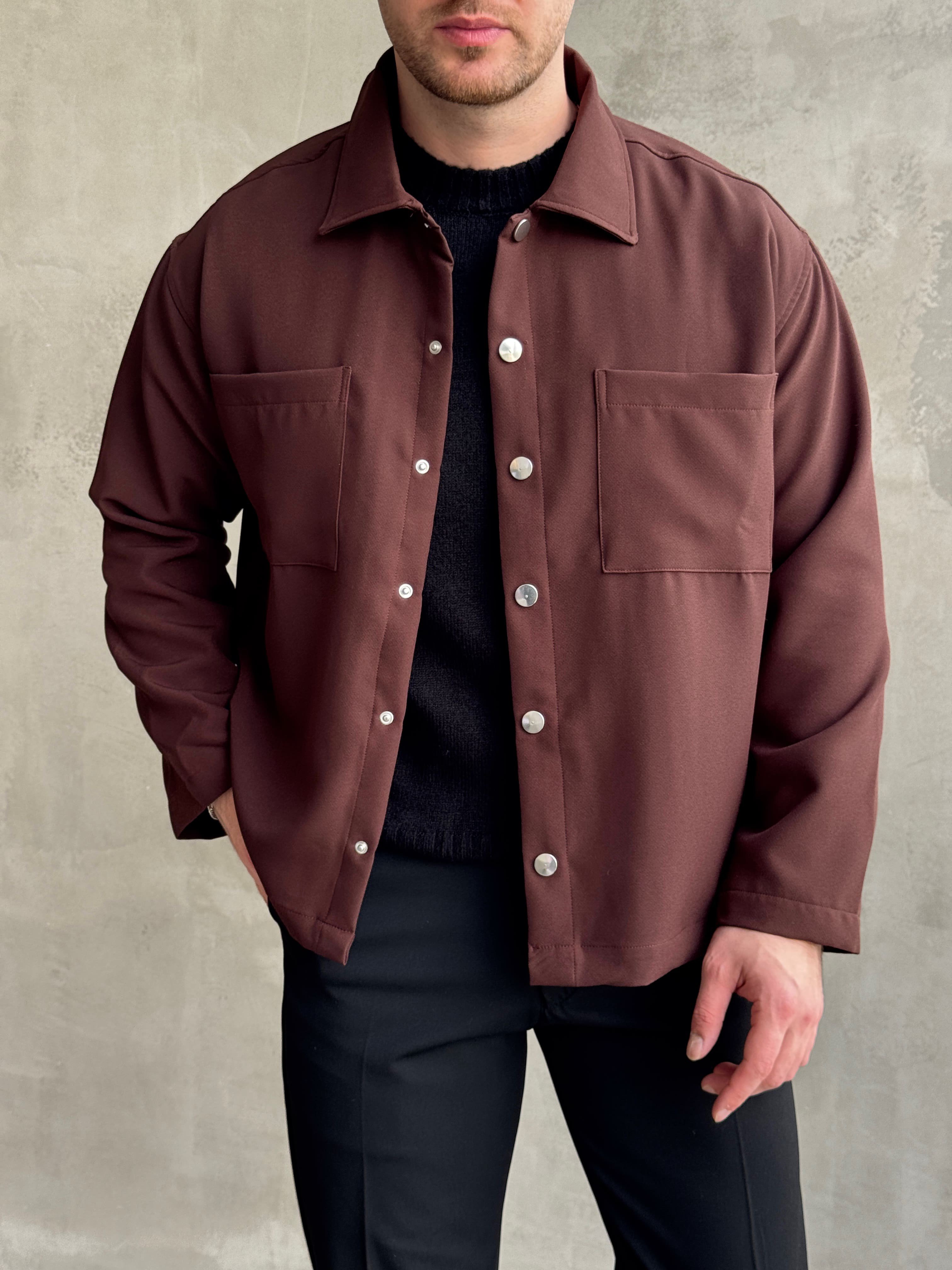 Erkek Yeni Sezon Boxy Fit Çıtçıt Detaylı Mevsimlik Kumaş Gömlek Ceket-Kahverengi(E1824)Ketench