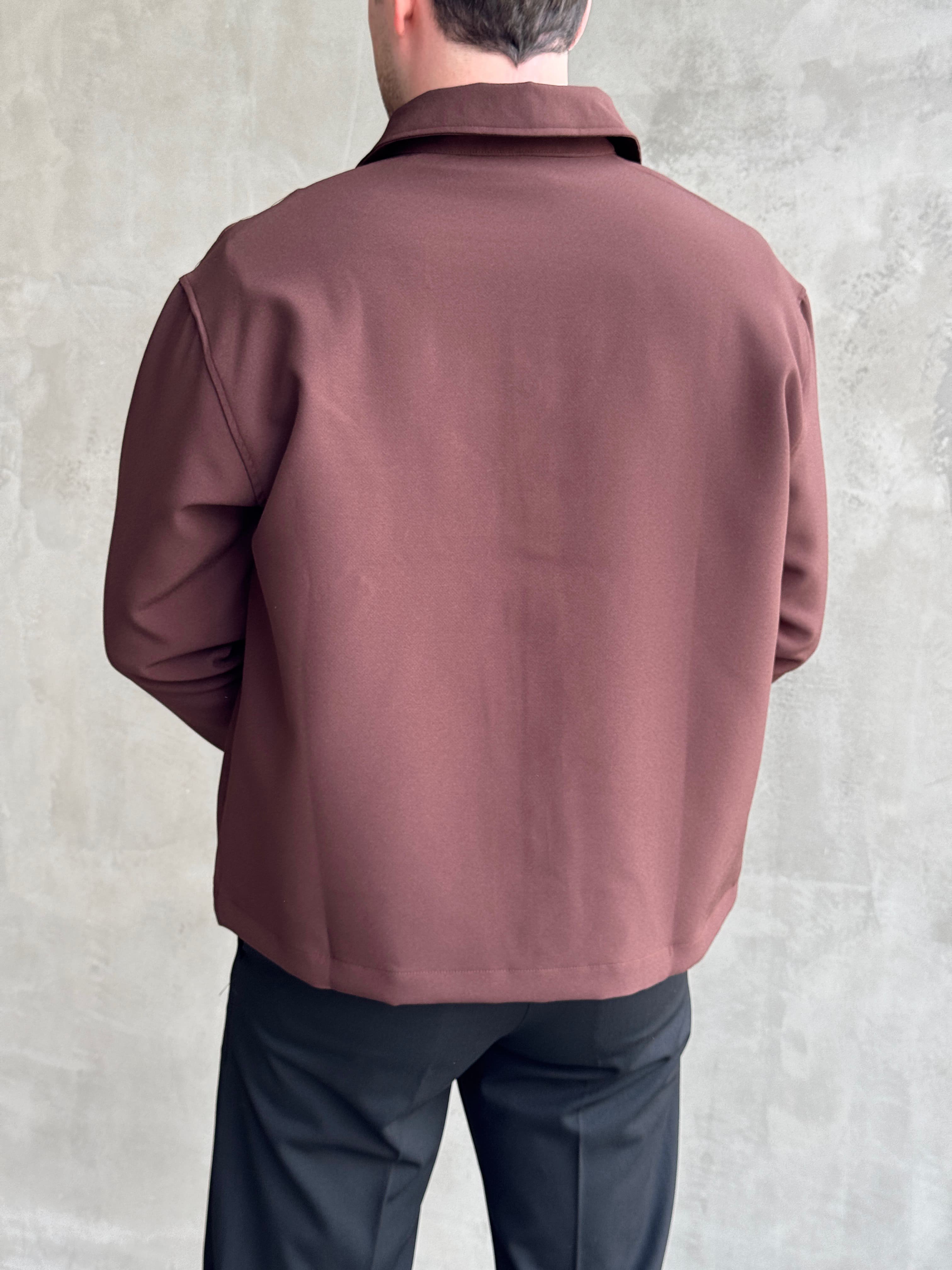 Erkek Yeni Sezon Boxy Fit Çıtçıt Detaylı Mevsimlik Kumaş Gömlek Ceket-Kahverengi(E1824)Ketench