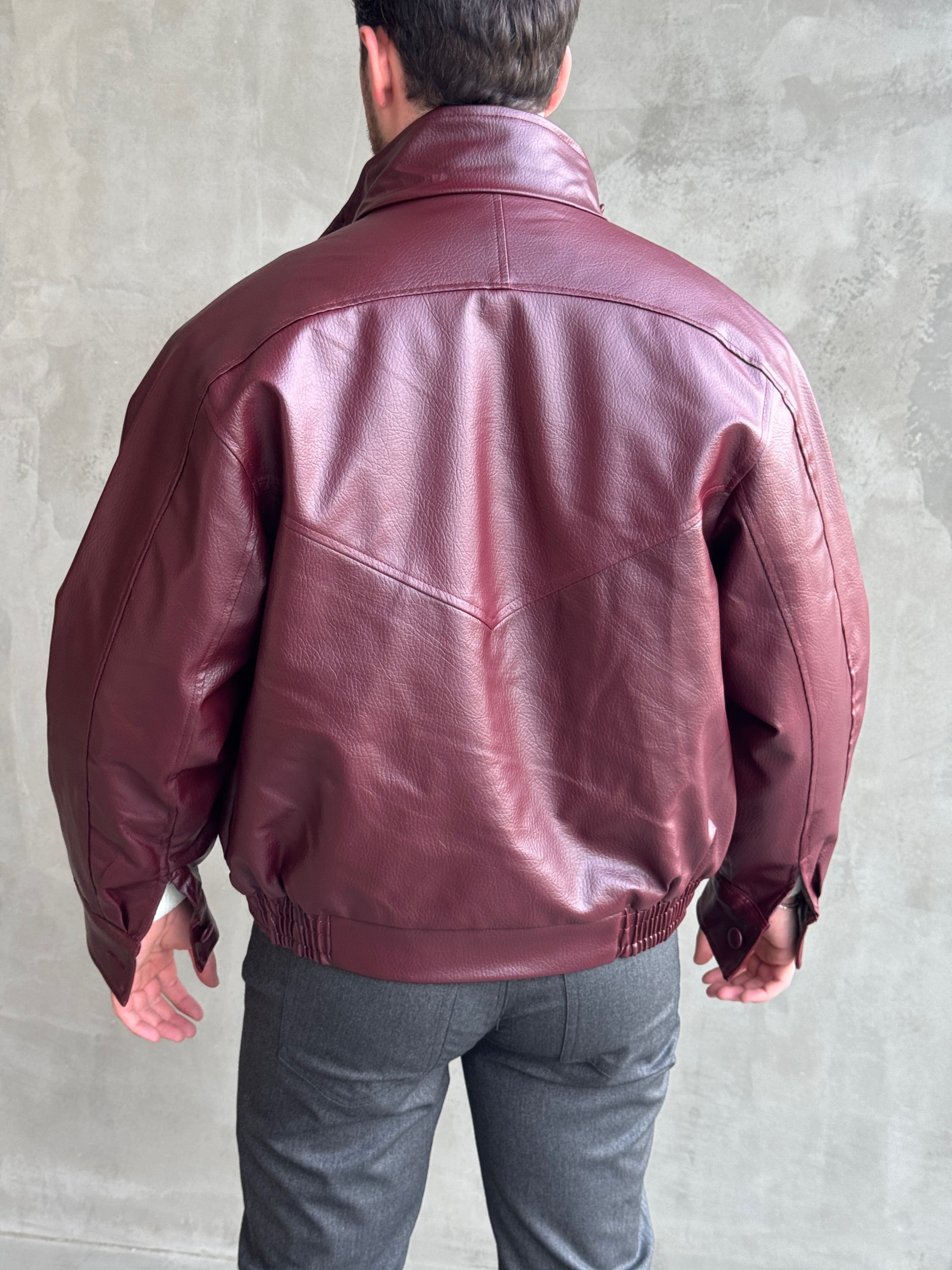 Erkek Yeni Sezon Oversize Kalıp Çapraz Kapamalı Suni Deri Ceket-Bordo(E1891)Ketench