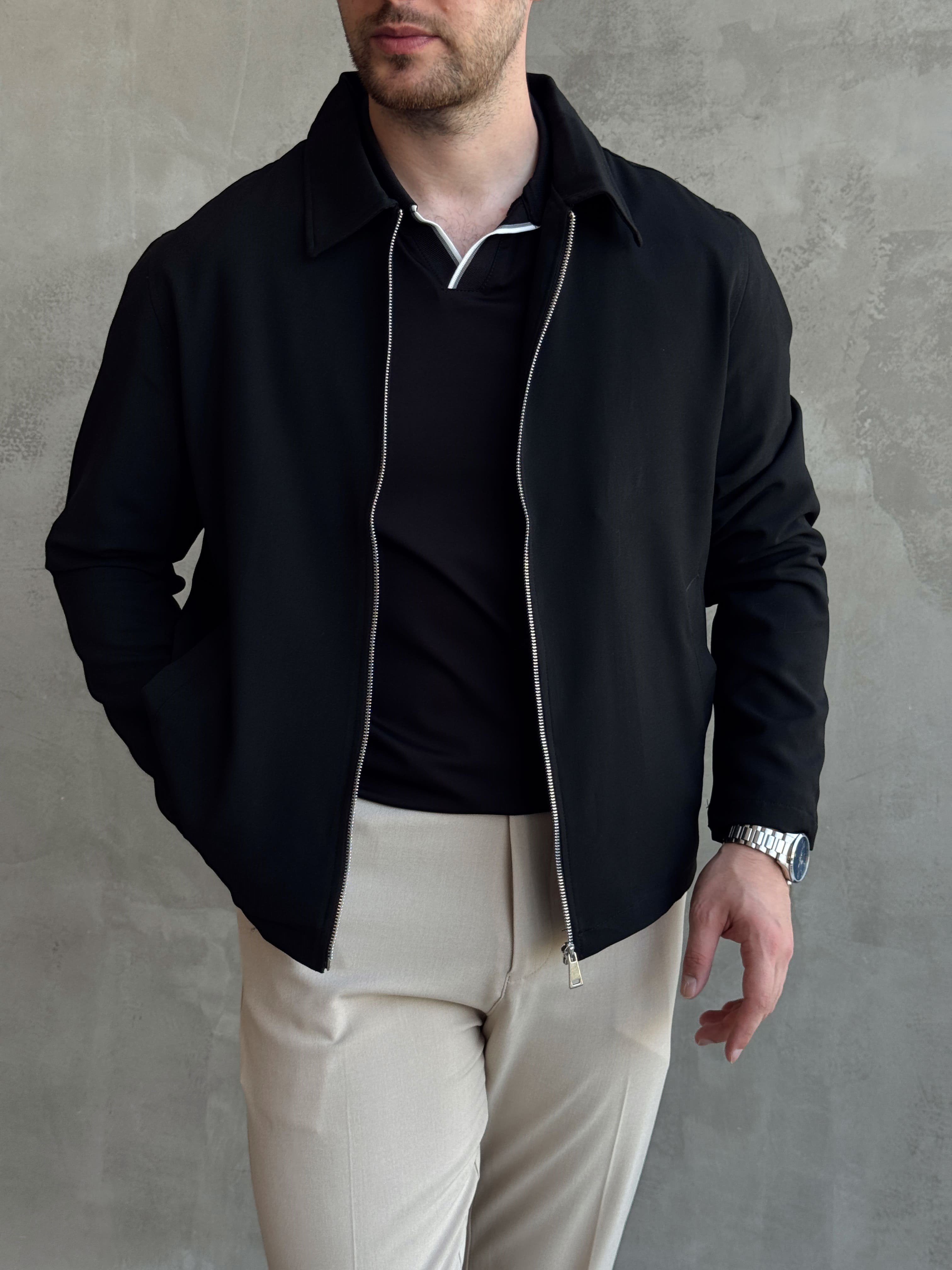 Erkek Yeni Sezon Oversize Kalıp İçi Astarlı Gabardin Kumaş Ceket-Siyah(E1797)Ketench