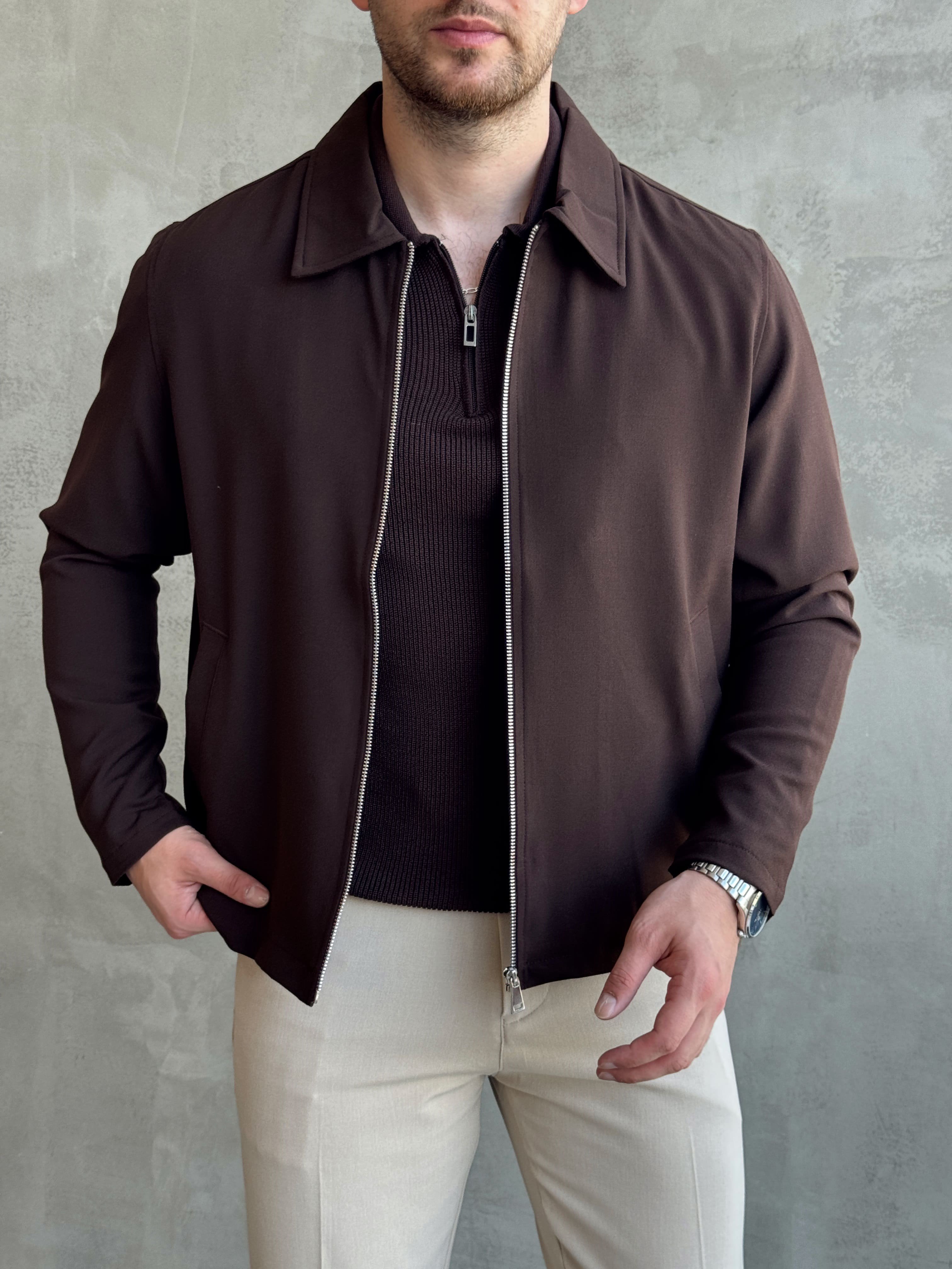 Erkek Yeni Sezon Oversize Kalıp İçi Astarlı Gabardin Kumaş Ceket-Kahverengi(E1797)Ketench