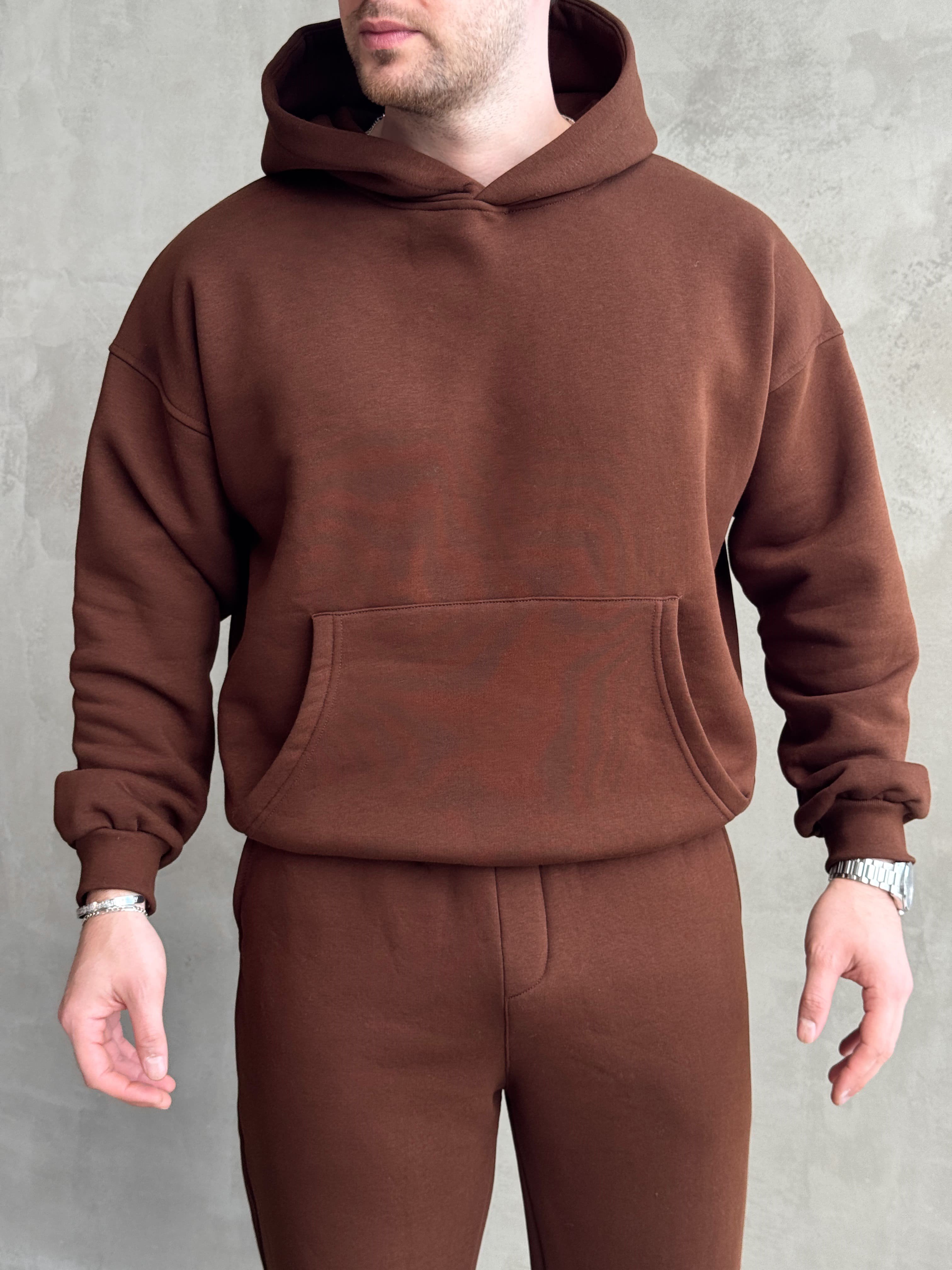 Erkek Yeni Sezon Oversize Kalıp Kapüşonlu Kanguru Cepli Basic 3 İplik Sweat-Kahverengi(E1802)Ketench