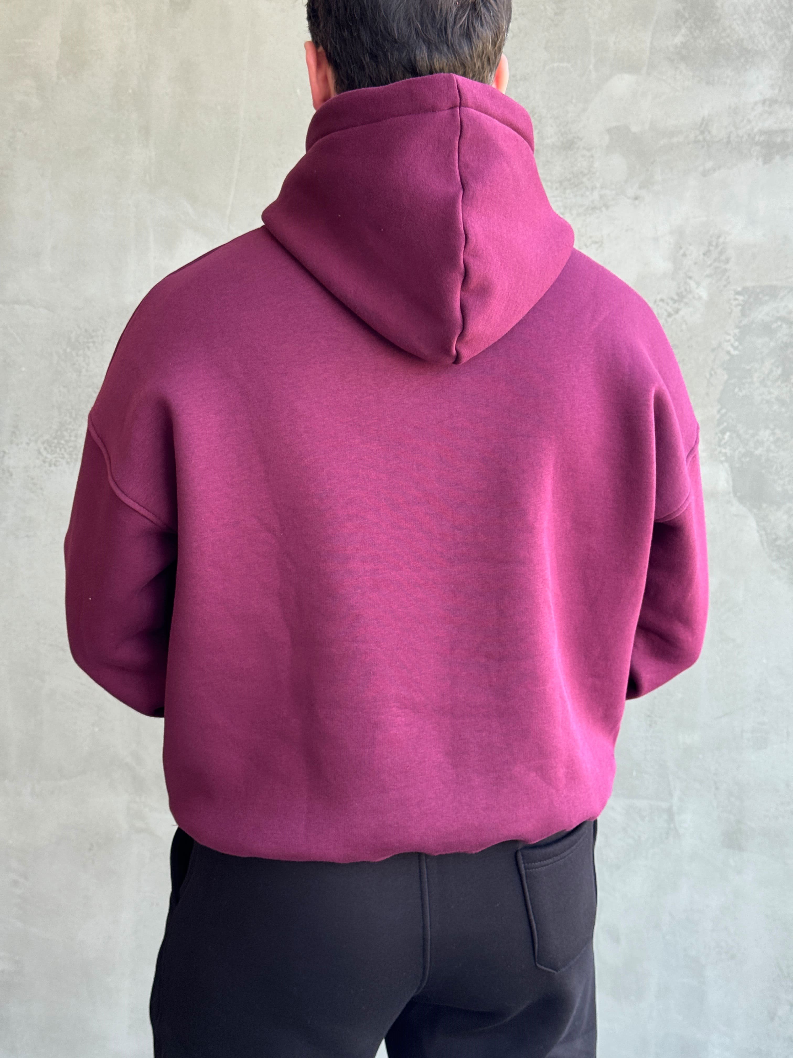 Erkek Yeni Sezon Oversize Kalıp Kapüşonlu Kanguru Cepli Basic 3 İplik Sweat-Bordo(E1802)Ketench
