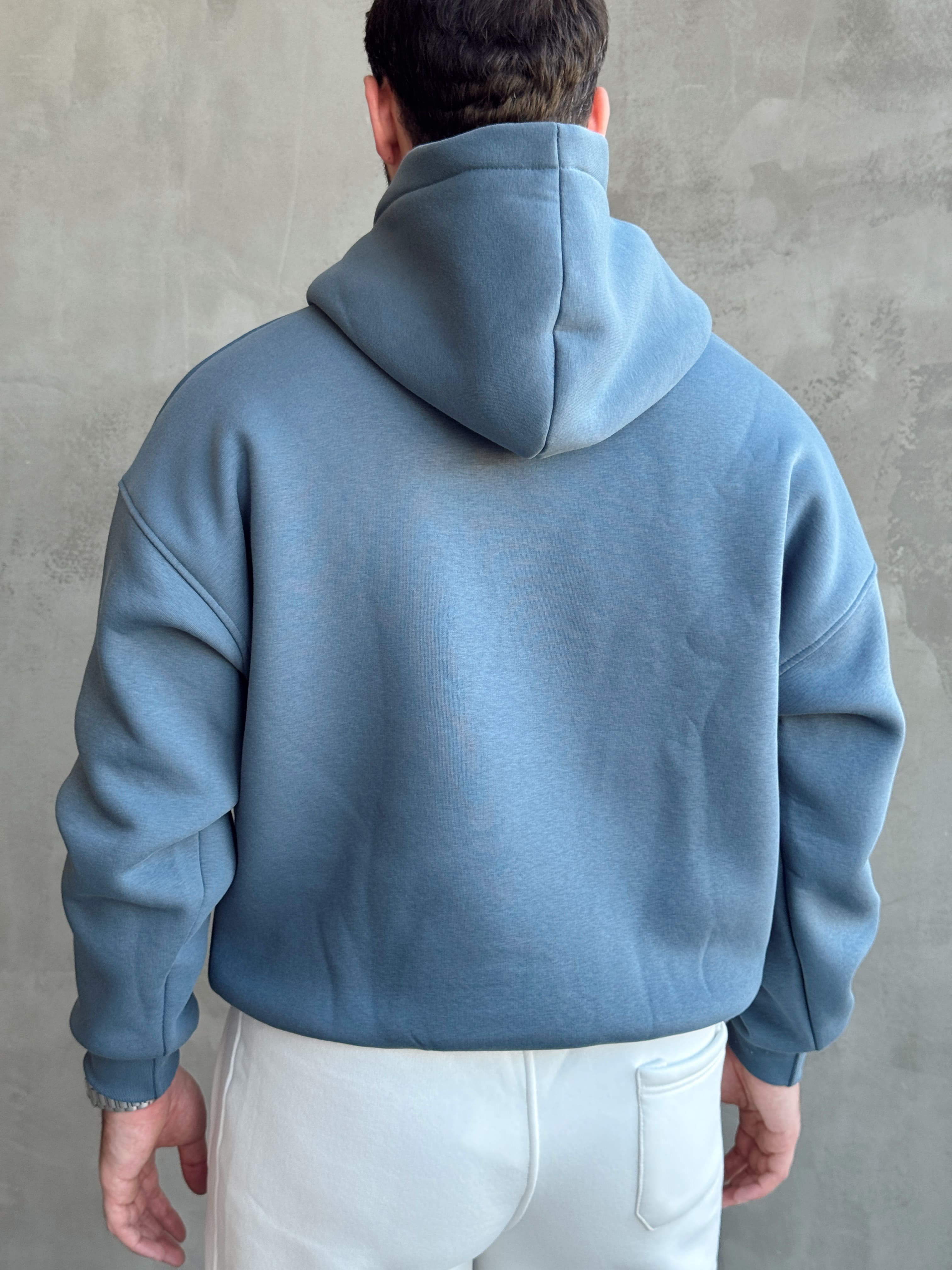 Erkek Yeni Sezon Oversize Kalıp Kapüşonlu Kanguru Cepli Basic 3 İplik Sweat-İndigo(E1802)Ketench