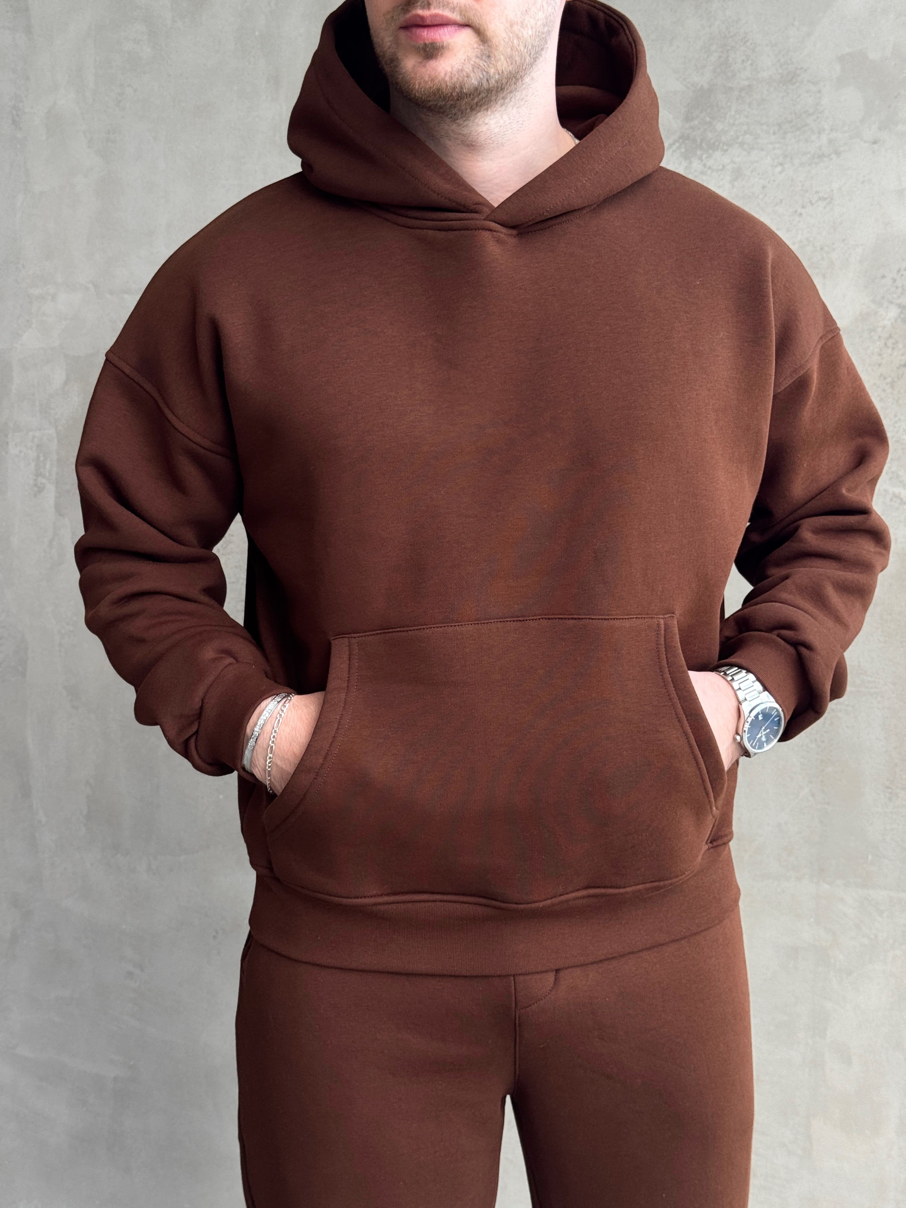 Erkek Yeni Sezon Oversize Kalıp Kapüşonlu Kanguru Cepli Basic 3 İplik Sweat-Kahverengi(E1802)Ketench