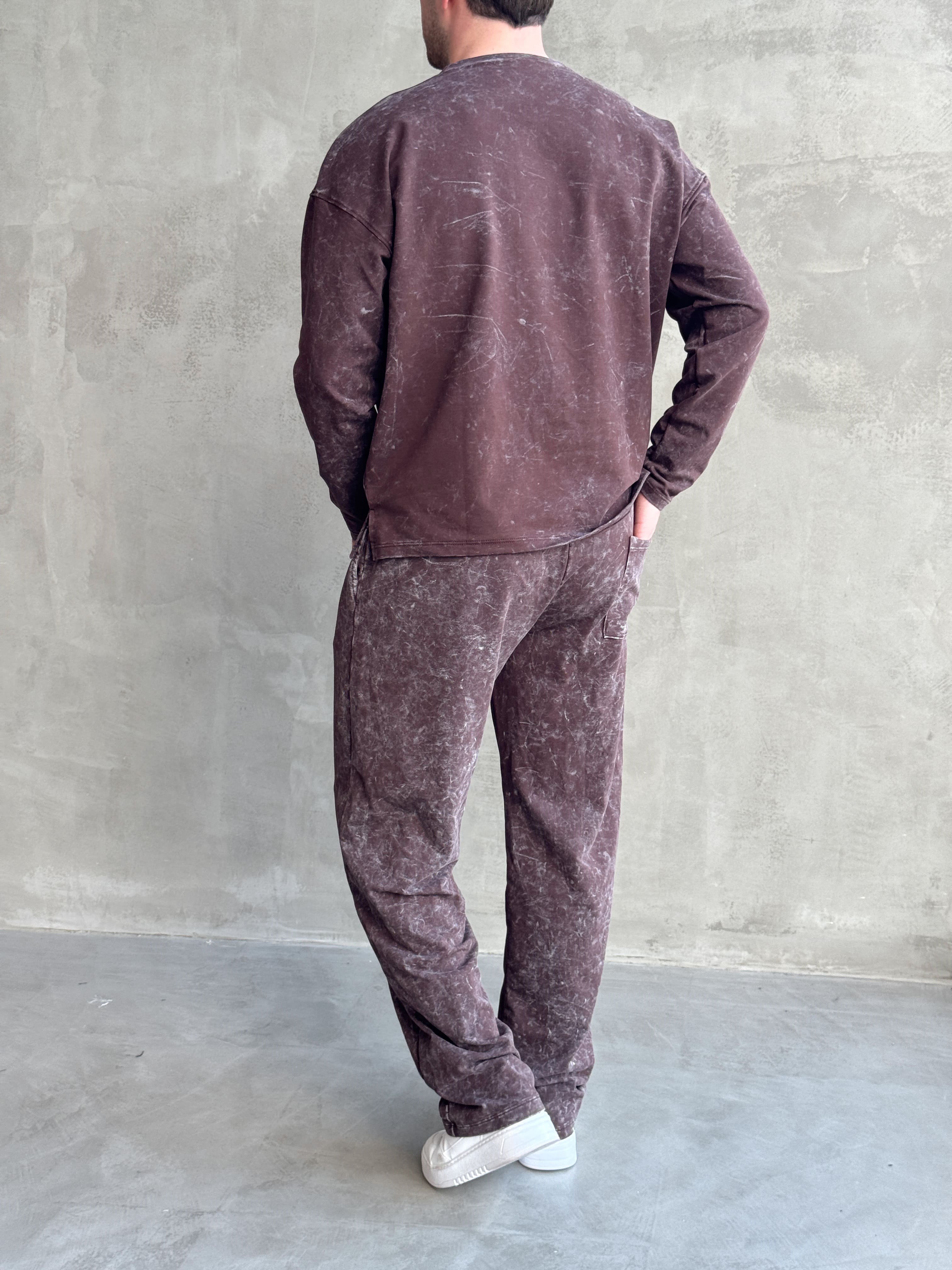 Erkek Yeni Sezon Oversize Kalıp Yıkamalı Uzun Kol T-Shirt Baggy Kalıp Eşofman Takım-Kahverengi(E1856)Ketench