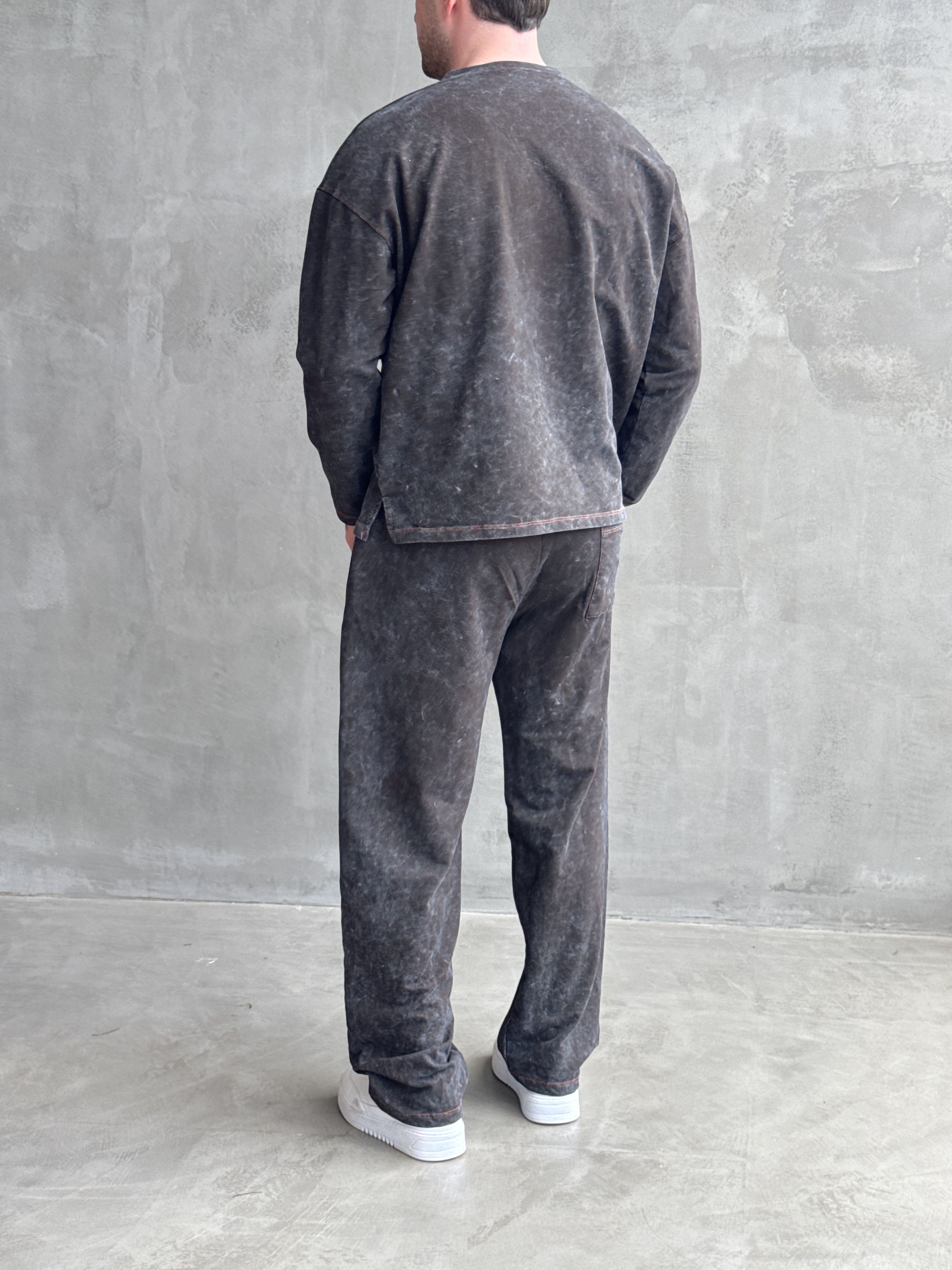 Erkek Yeni Sezon Oversize Kalıp Yıkamalı Uzun Kol T-Shirt Baggy Kalıp Eşofman Takım-Füme(E1856)Ketench