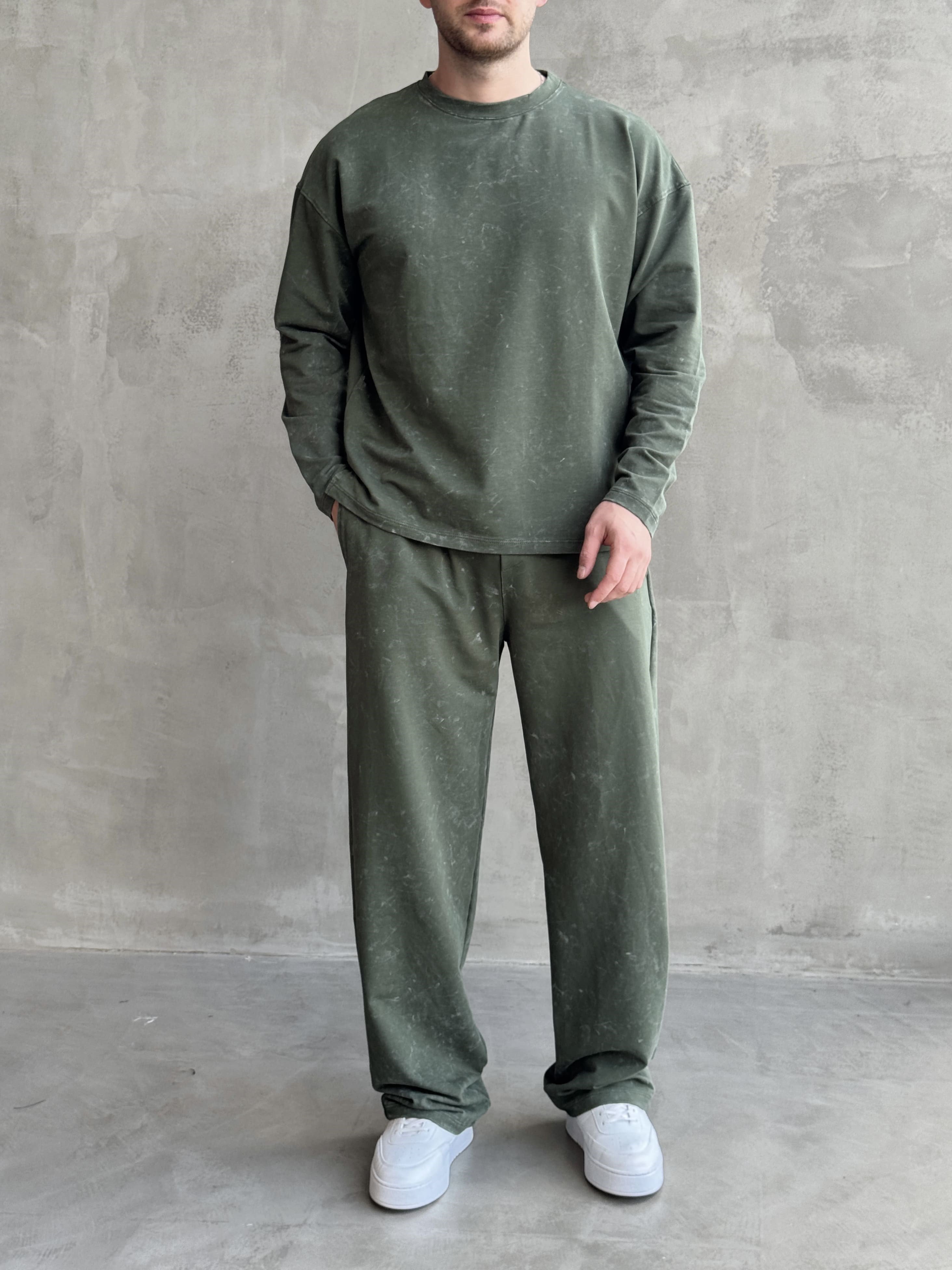 Erkek Yeni Sezon Oversize Kalıp Yıkamalı Uzun Kol T-Shirt Baggy Kalıp Eşofman Takım-Haki(E1856)Ketench