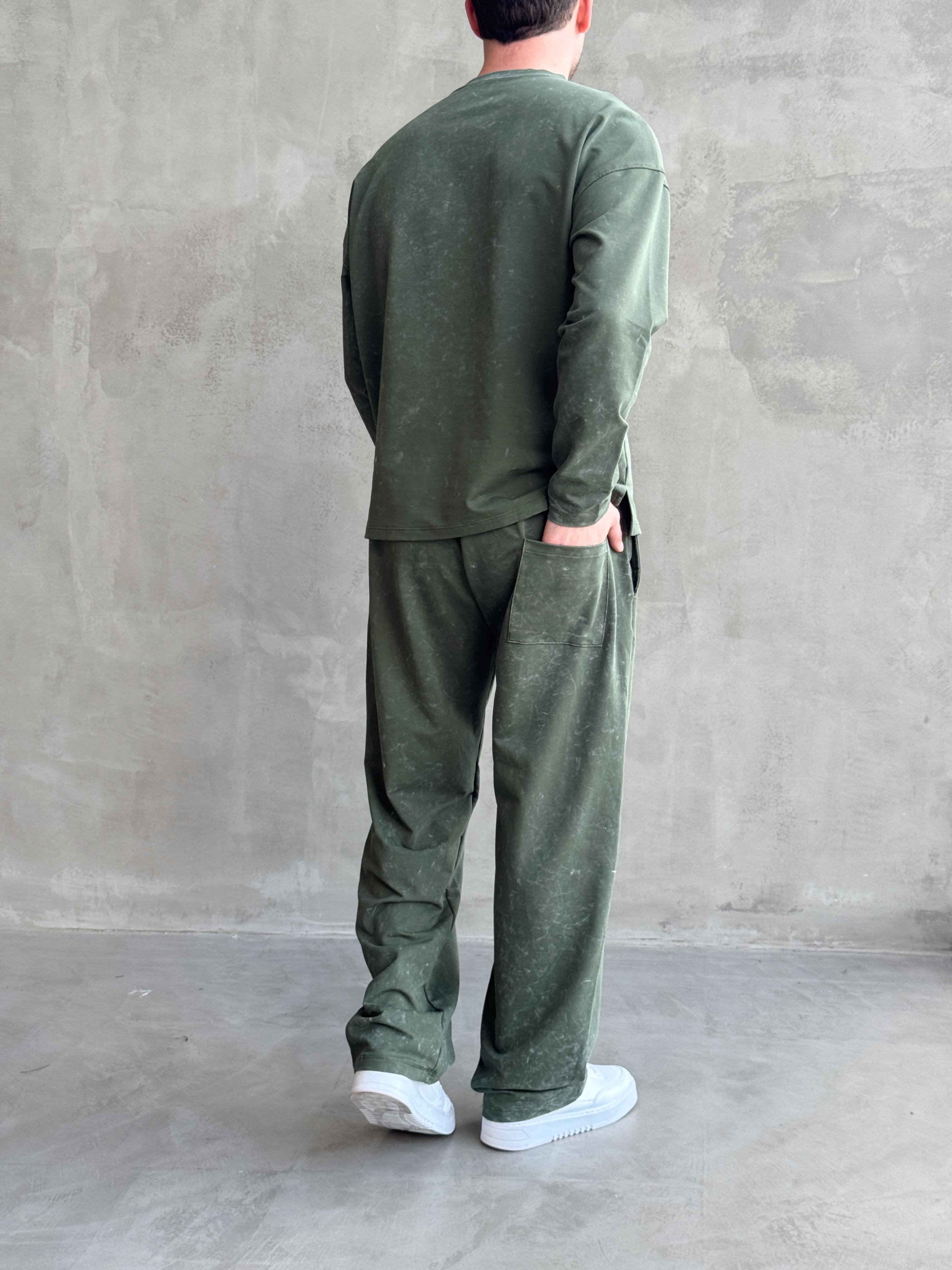 Erkek Yeni Sezon Oversize Kalıp Yıkamalı Uzun Kol T-Shirt Baggy Kalıp Eşofman Takım-Haki(E1856)Ketench