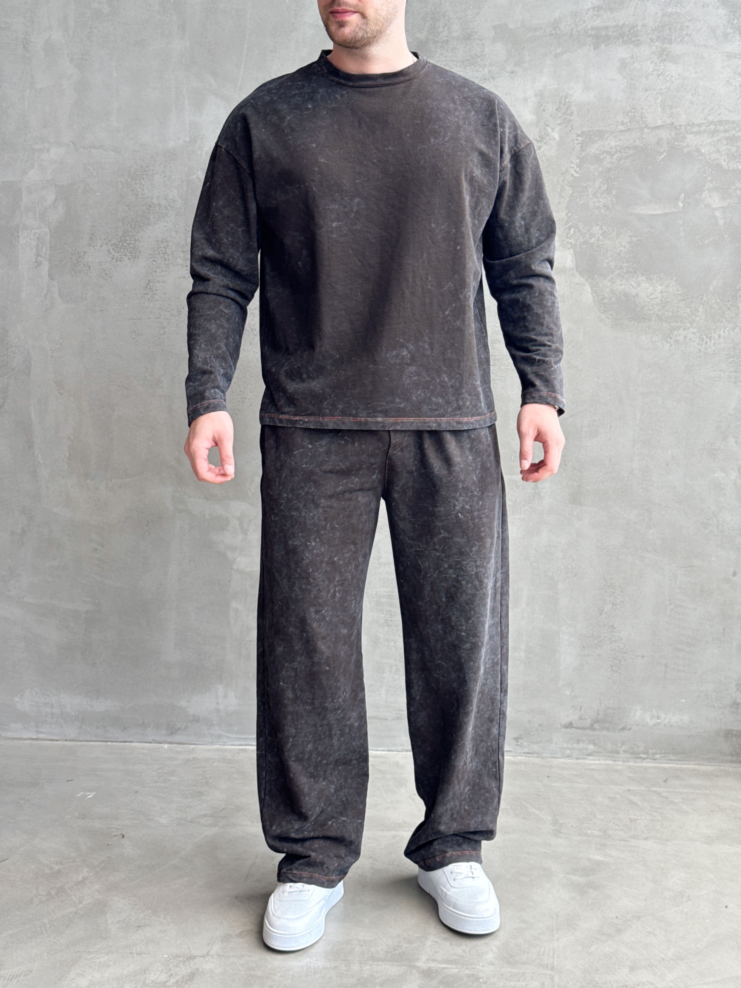 Erkek Yeni Sezon Oversize Kalıp Yıkamalı Uzun Kol T-Shirt Baggy Kalıp Eşofman Takım-Füme(E1856)Ketench