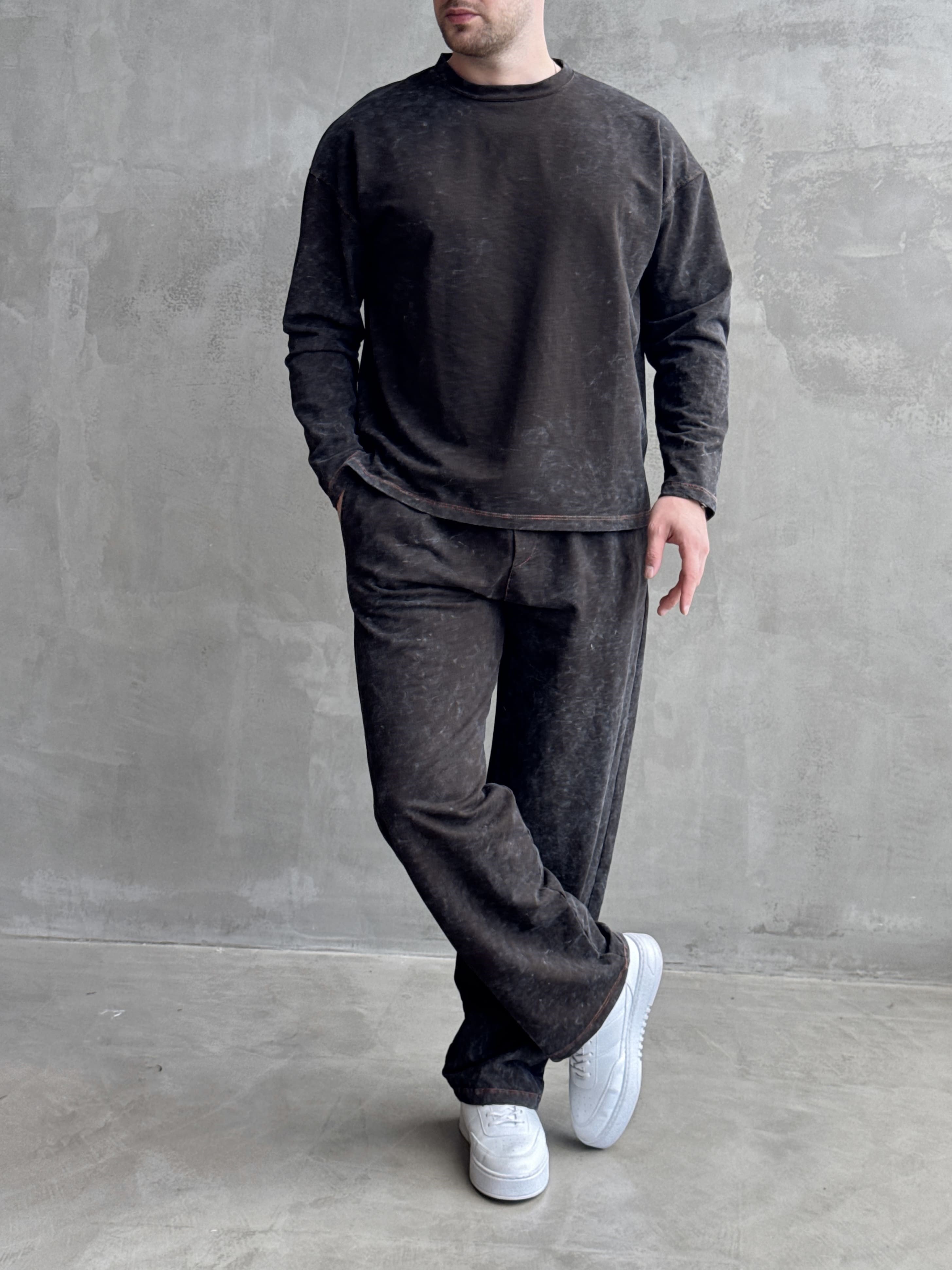 Erkek Yeni Sezon Oversize Kalıp Yıkamalı Uzun Kol T-Shirt Baggy Kalıp Eşofman Takım-Füme(E1856)Ketench