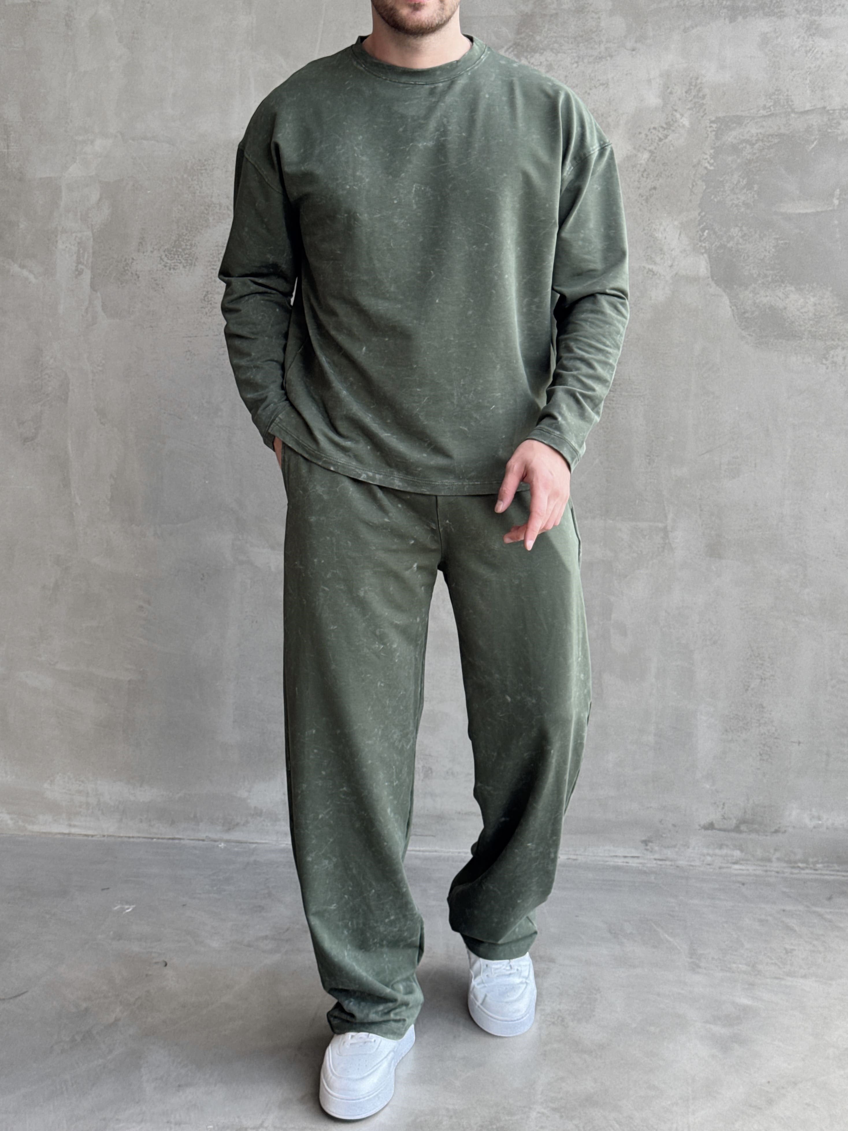 Erkek Yeni Sezon Oversize Kalıp Yıkamalı Uzun Kol T-Shirt Baggy Kalıp Eşofman Takım-Haki(E1856)Ketench
