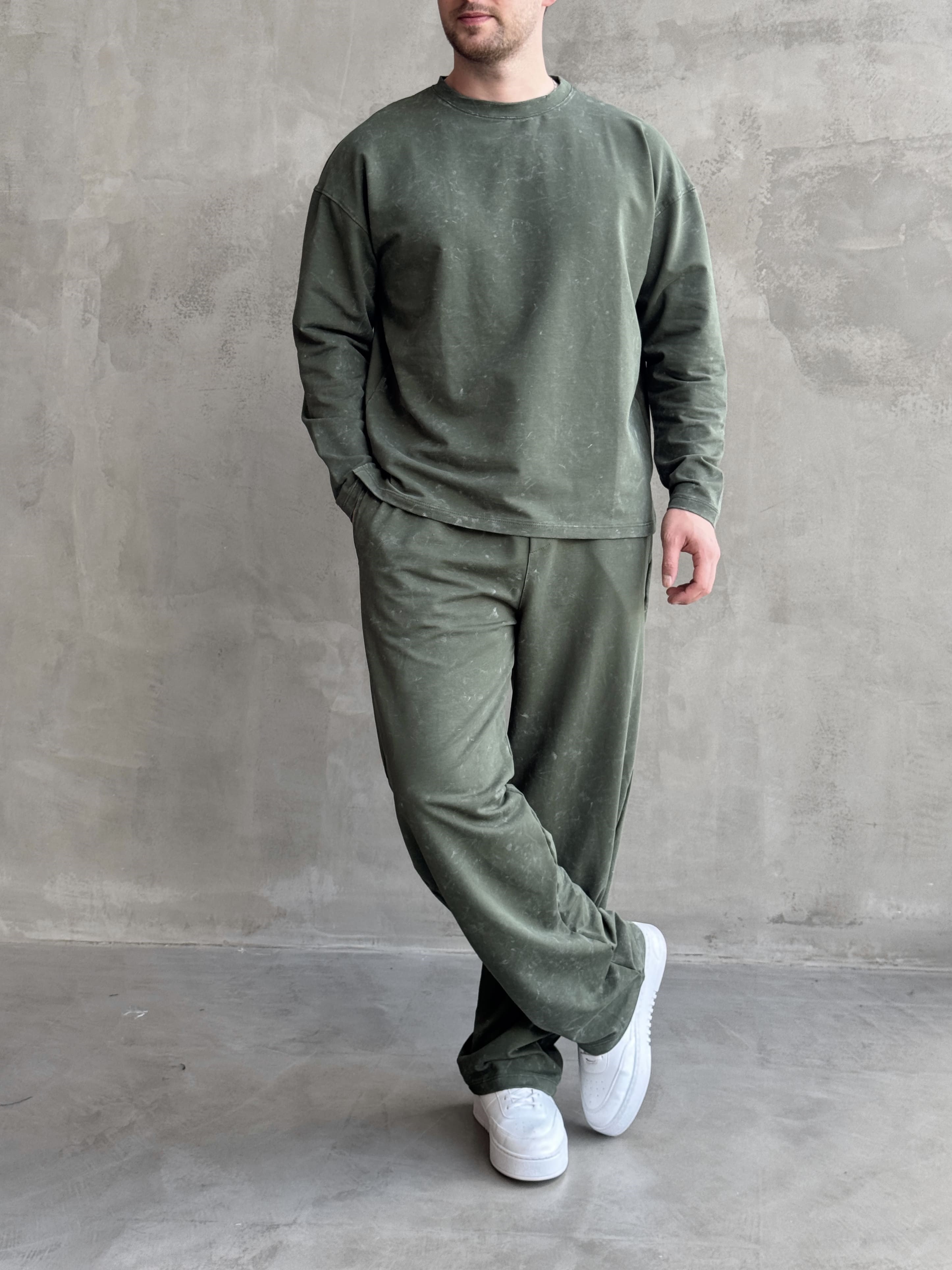 Erkek Yeni Sezon Oversize Kalıp Yıkamalı Uzun Kol T-Shirt Baggy Kalıp Eşofman Takım-Haki(E1856)Ketench