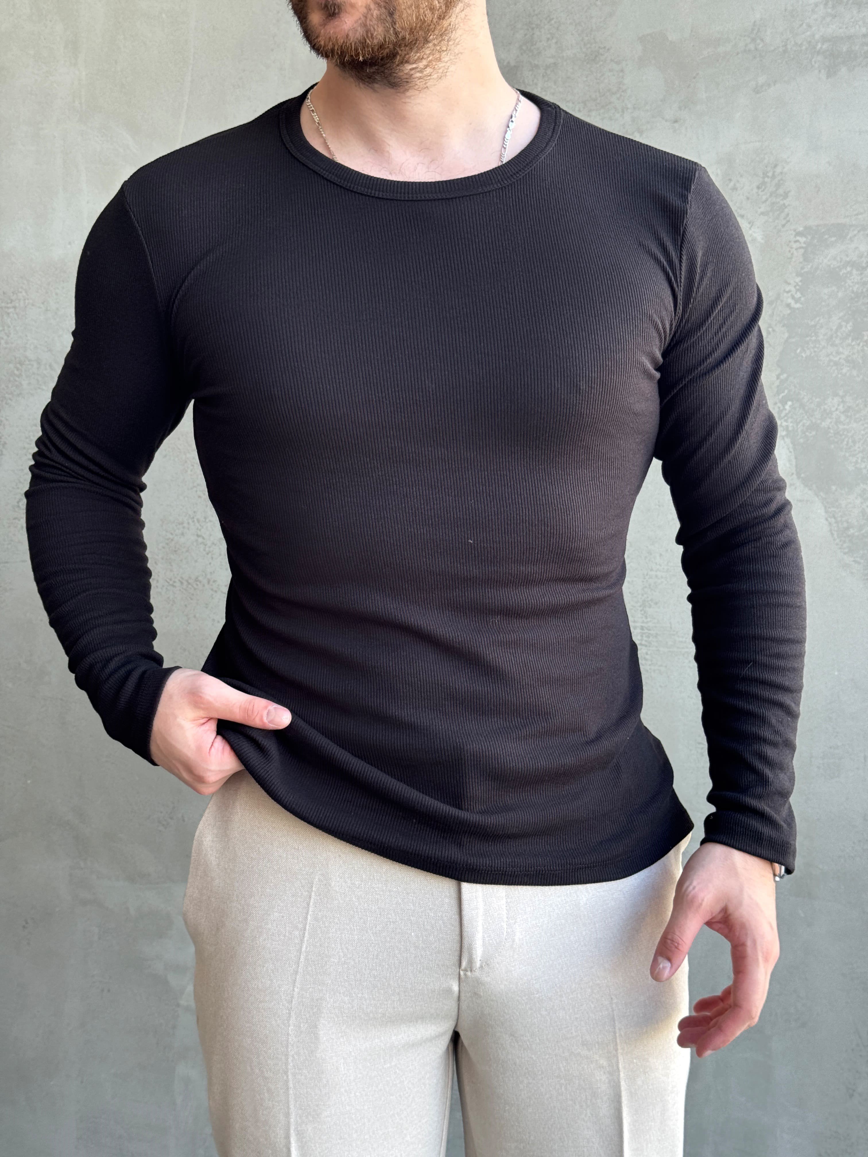 Erkek Yeni Sezon Regular Fit Bisiklet Yaka Uzun Kollu T-Shirt-Siyah(E1794)Ketench