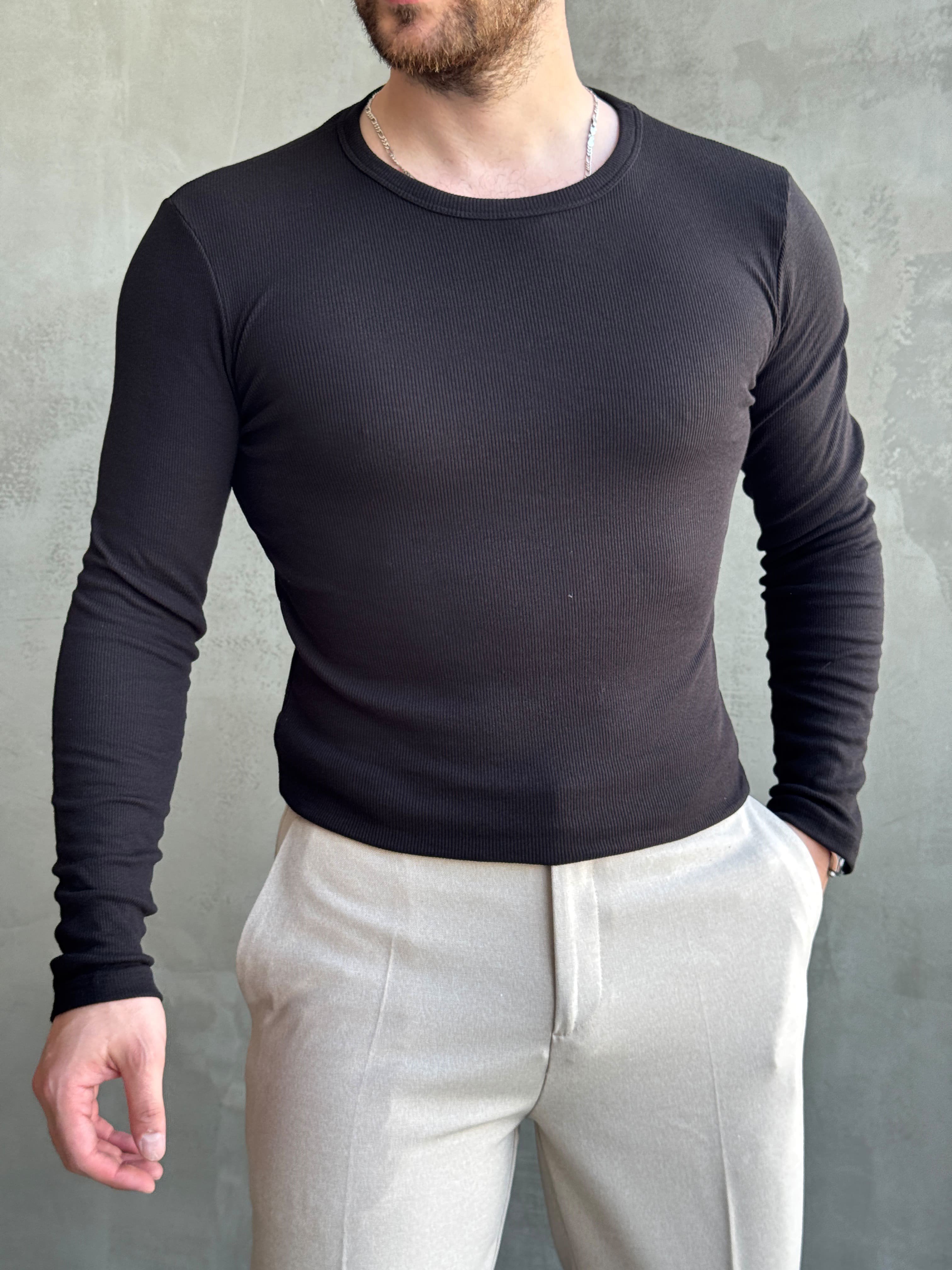 Erkek Yeni Sezon Regular Fit Bisiklet Yaka Uzun Kollu T-Shirt-Siyah(E1794)Ketench
