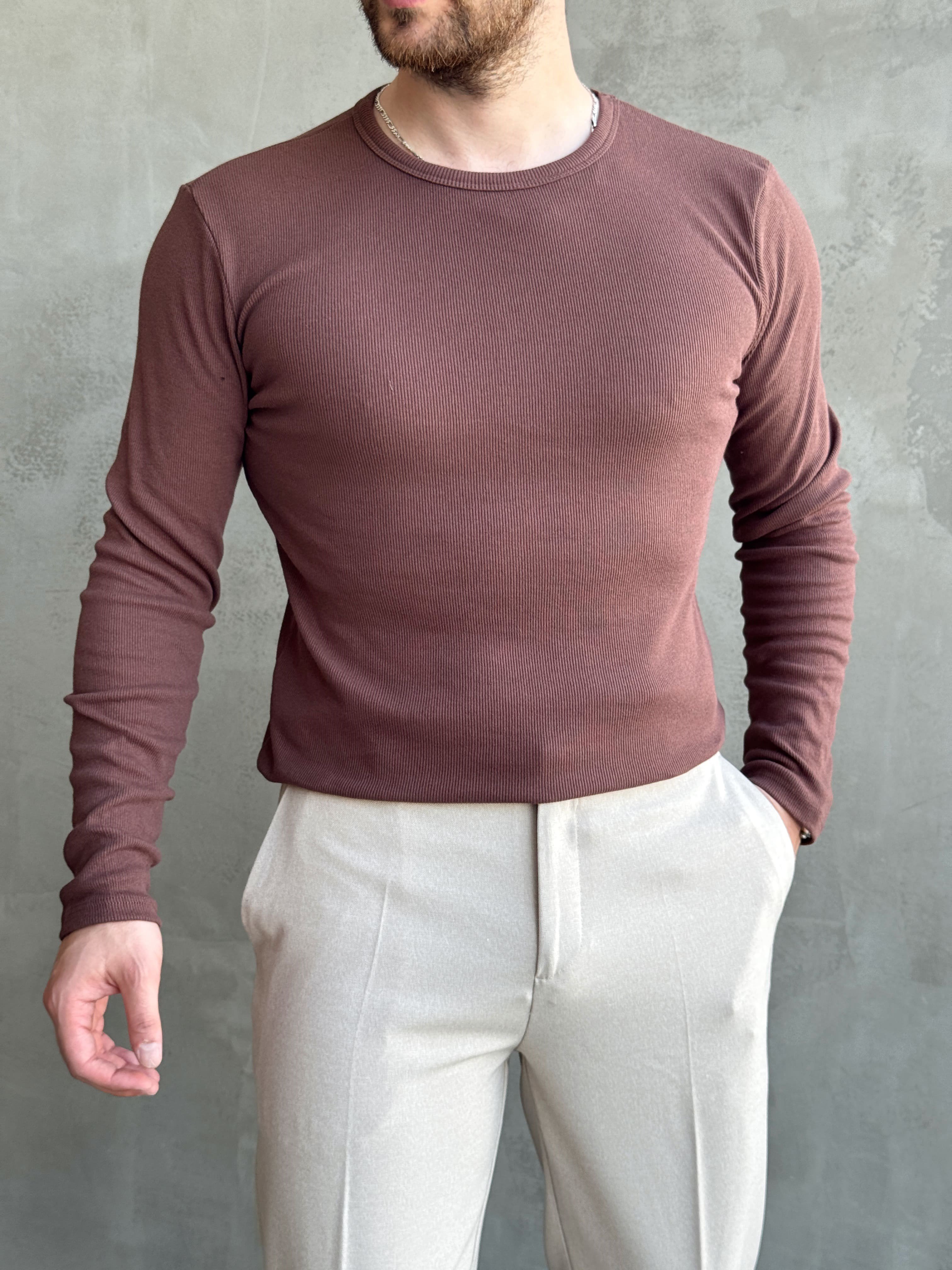 Erkek Yeni Sezon Regular Fit Bisiklet Yaka Uzun Kollu T-Shirt-Kahverengi(E1794)Ketench