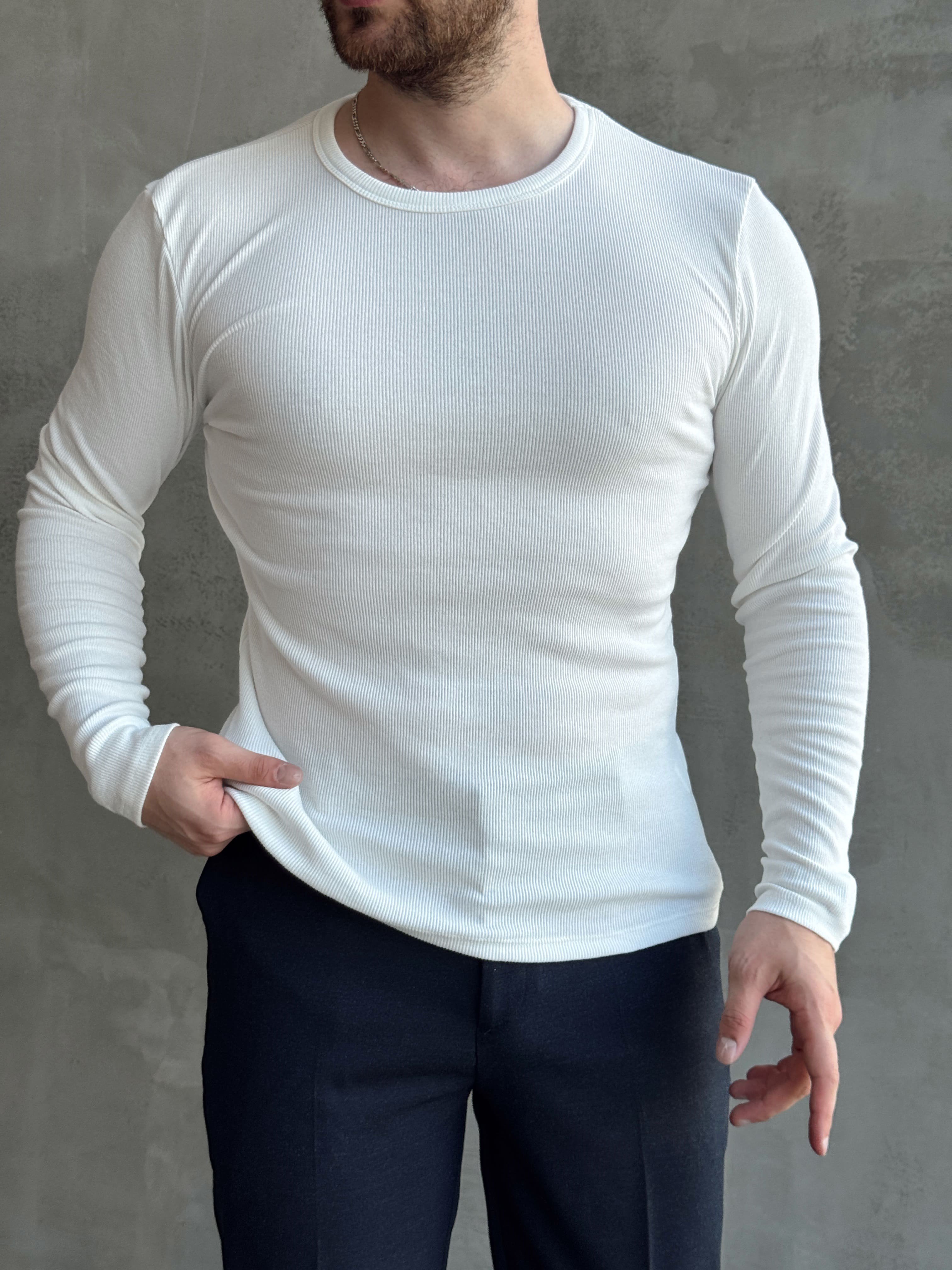 Erkek Yeni Sezon Regular Fit Bisiklet Yaka Uzun Kollu T-Shirt-Beyaz(E1794)Ketench