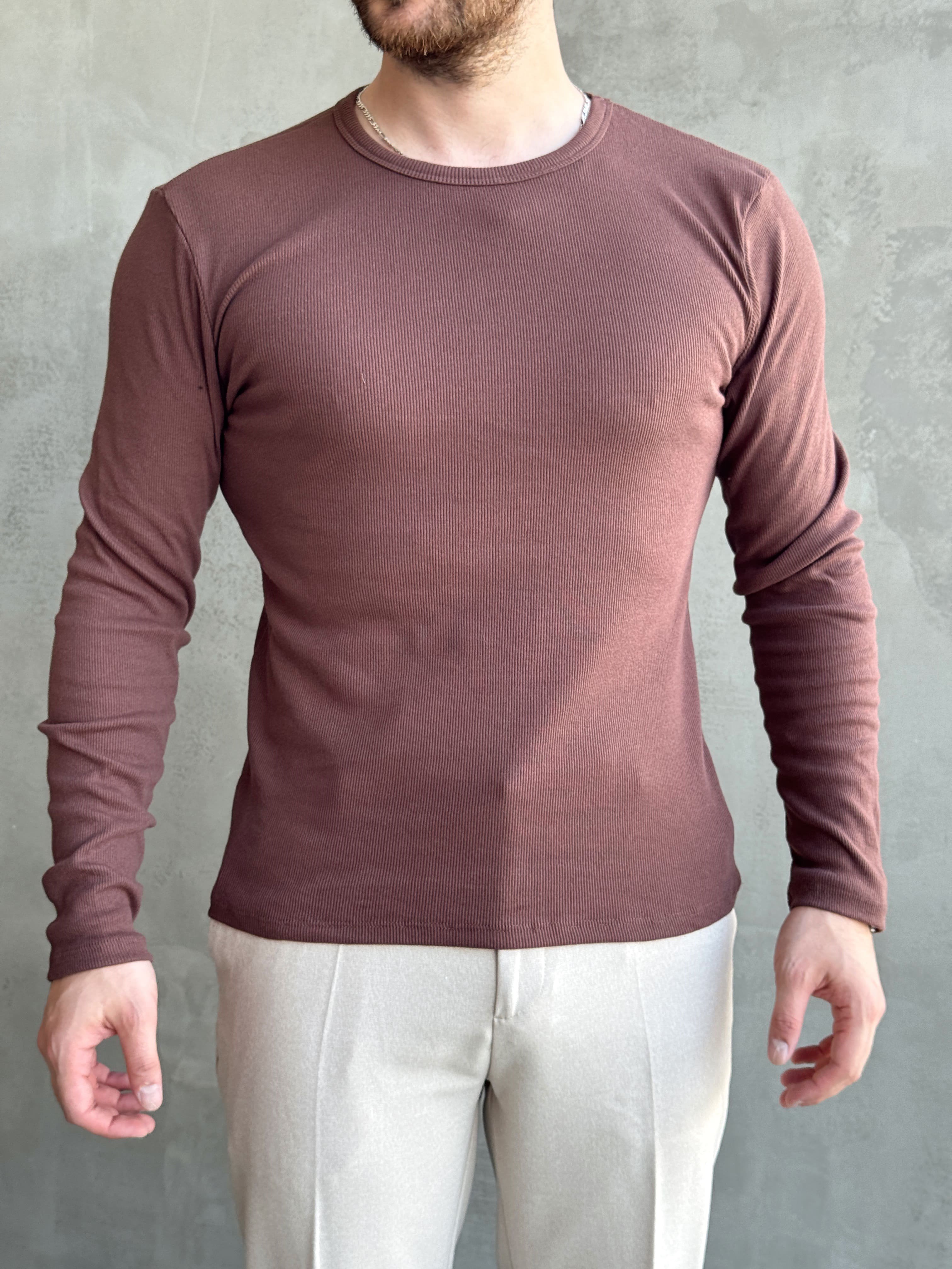 Erkek Yeni Sezon Regular Fit Bisiklet Yaka Uzun Kollu T-Shirt-Kahverengi(E1794)Ketench