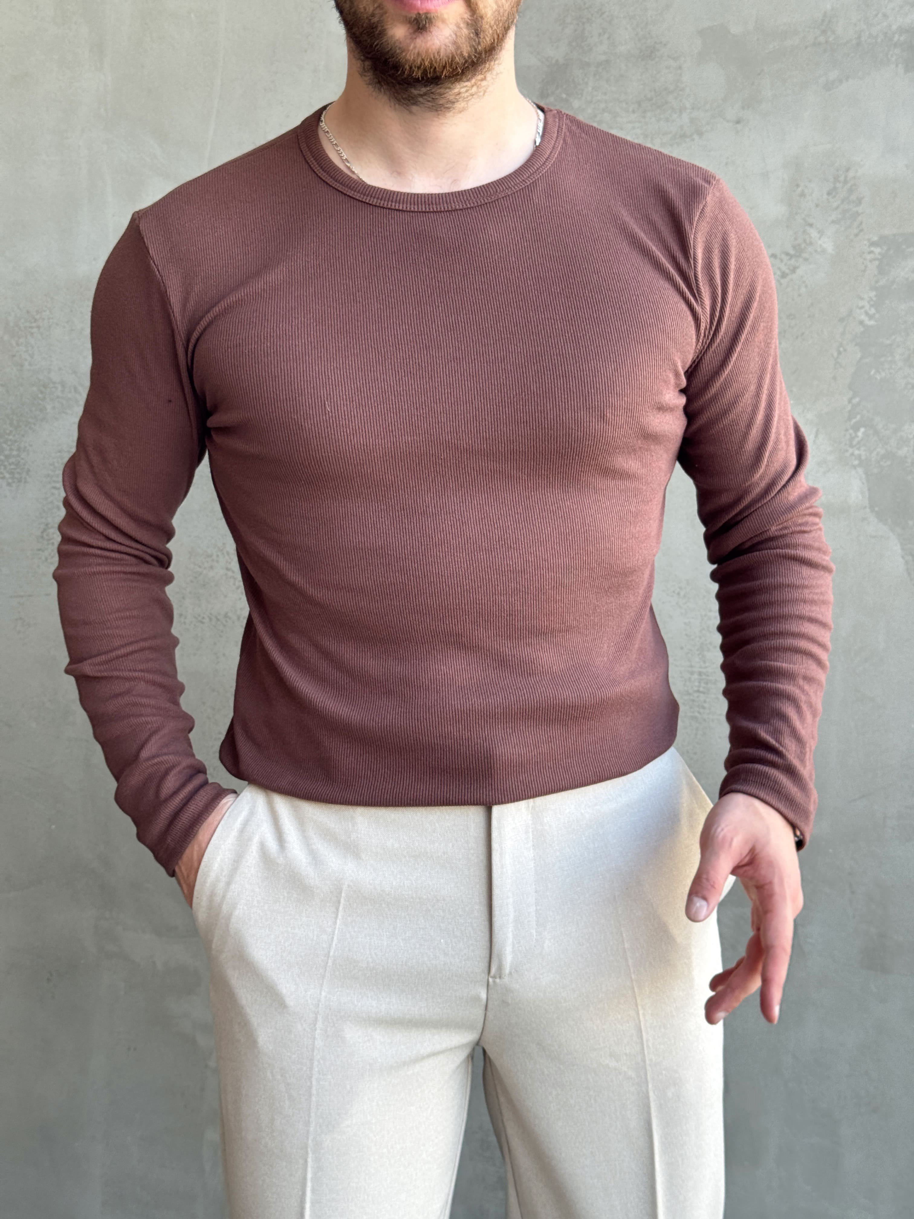 Erkek Yeni Sezon Regular Fit Bisiklet Yaka Uzun Kollu T-Shirt-Kahverengi(E1794)Ketench