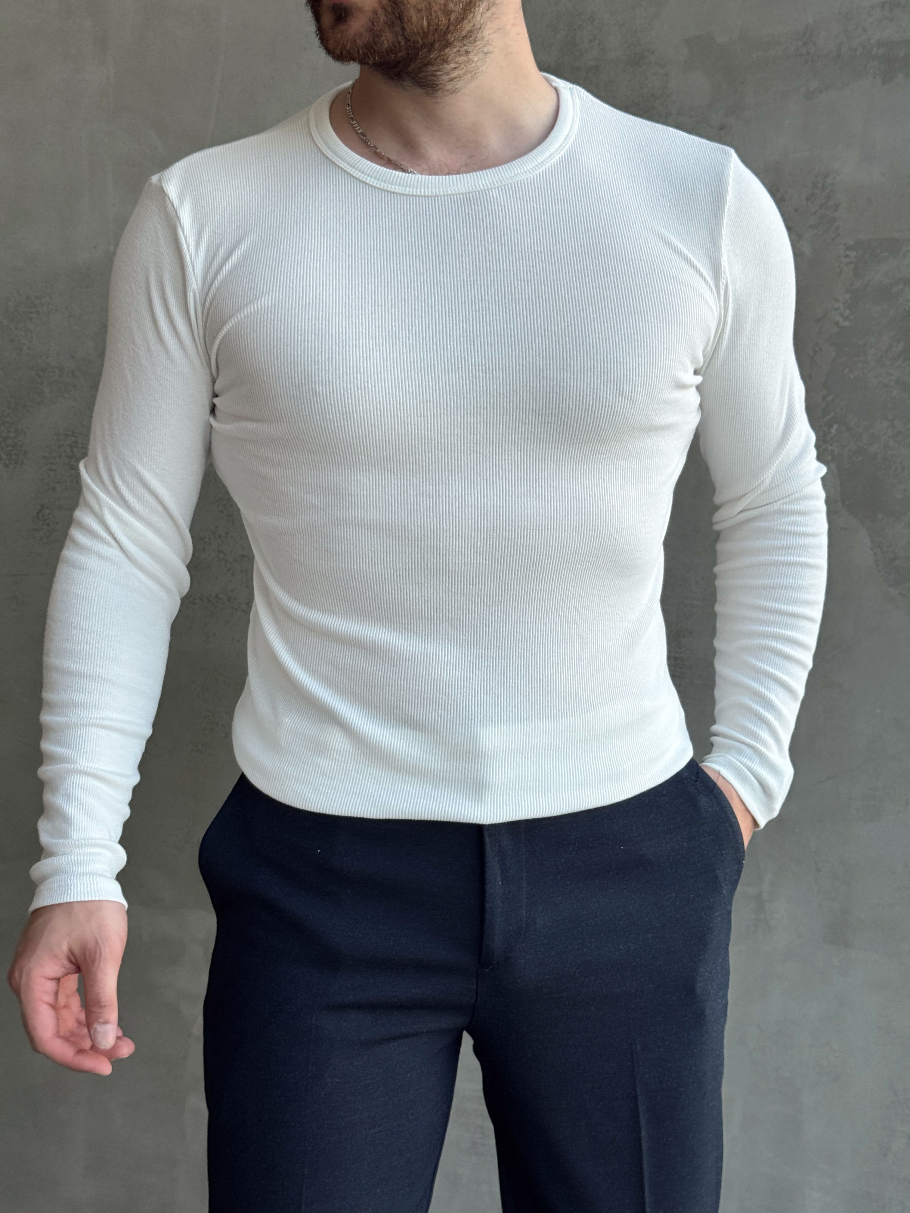 Erkek Yeni Sezon Regular Fit Bisiklet Yaka Uzun Kollu T-Shirt-Beyaz(E1794)Ketench