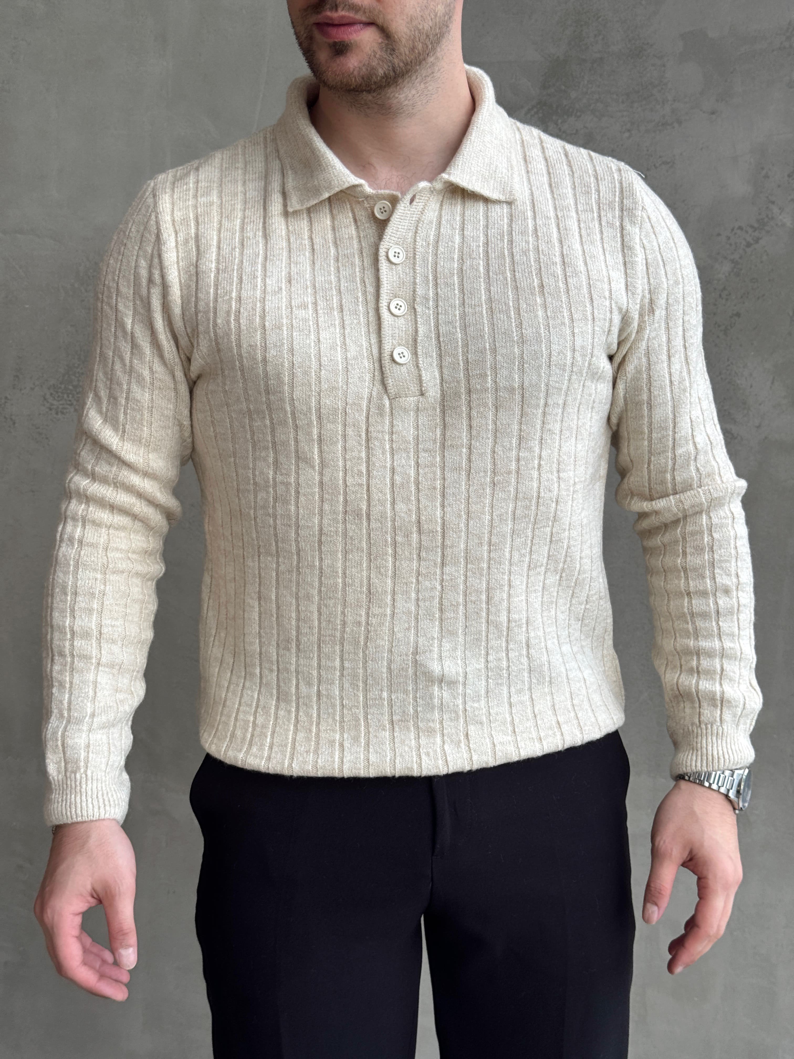 Erkek Yeni Sezon Regular Fit Düğme Detaylı Polo Yaka Triko Kazak-Bej(E1833)Ketench