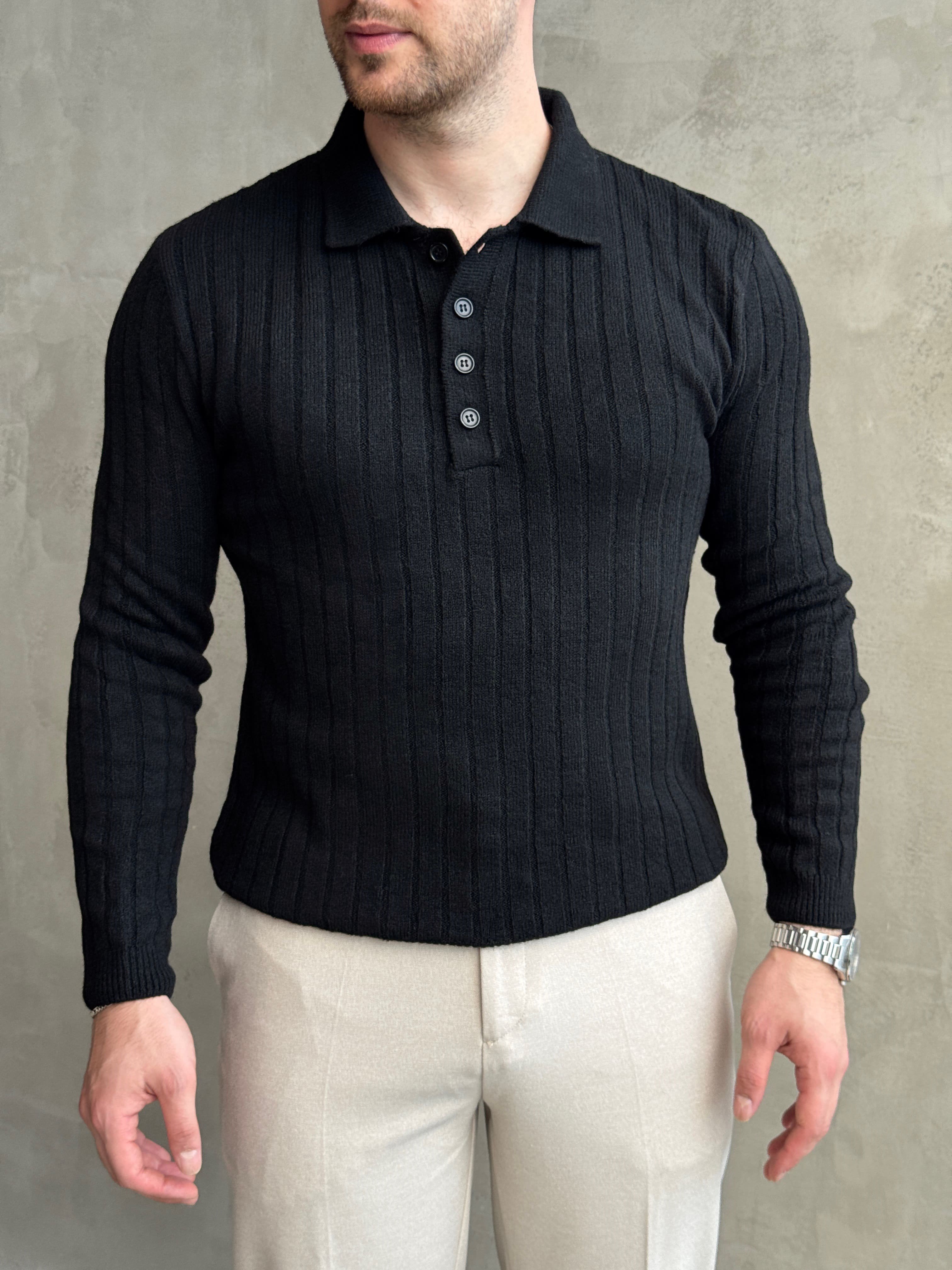 Erkek Yeni Sezon Regular Fit Düğme Detaylı Polo Yaka Triko Kazak-Siyah(E1833)Ketench
