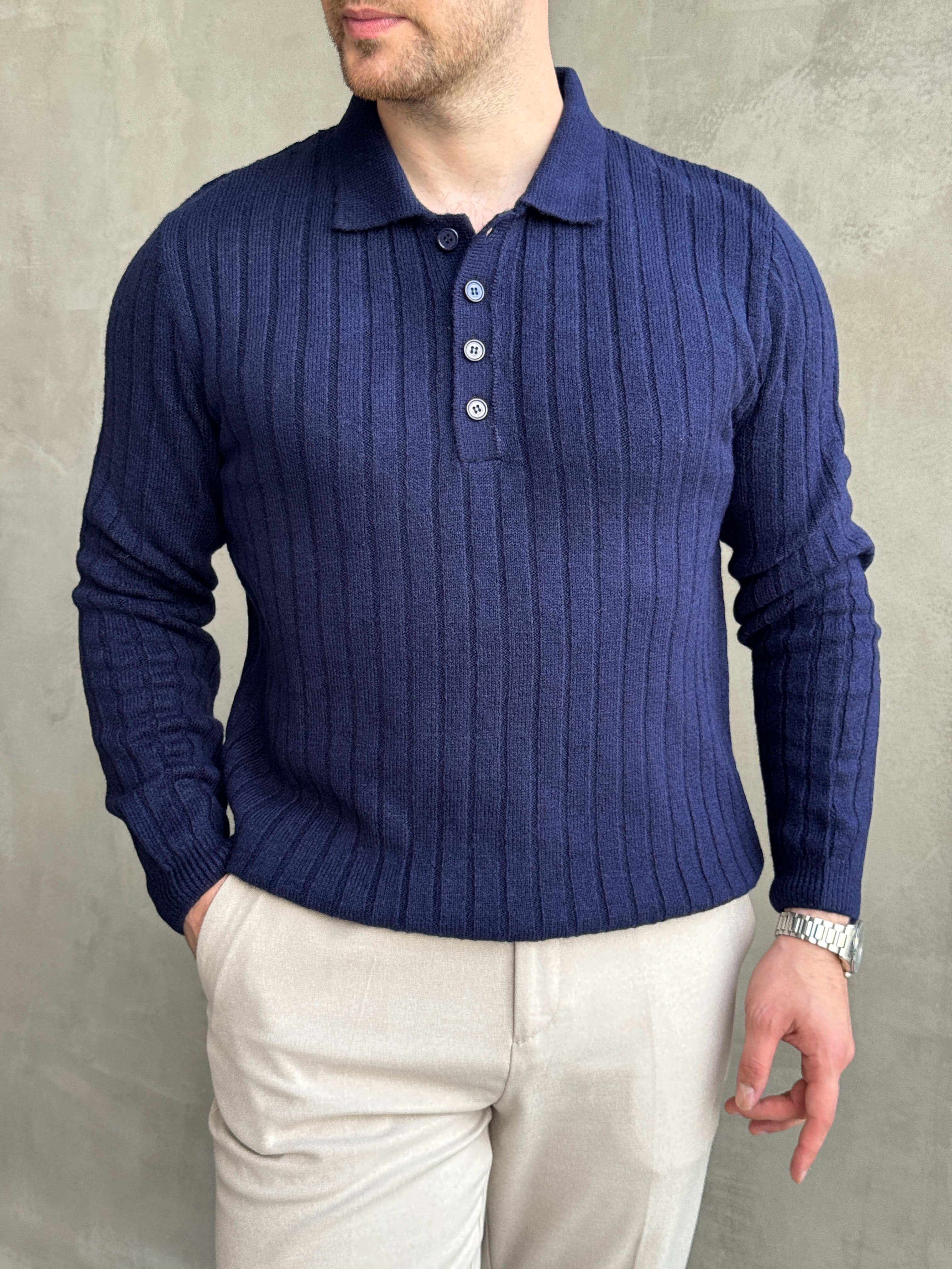 Erkek Yeni Sezon Regular Fit Düğme Detaylı Polo Yaka Triko Kazak-Lacivert(E1833)Ketench