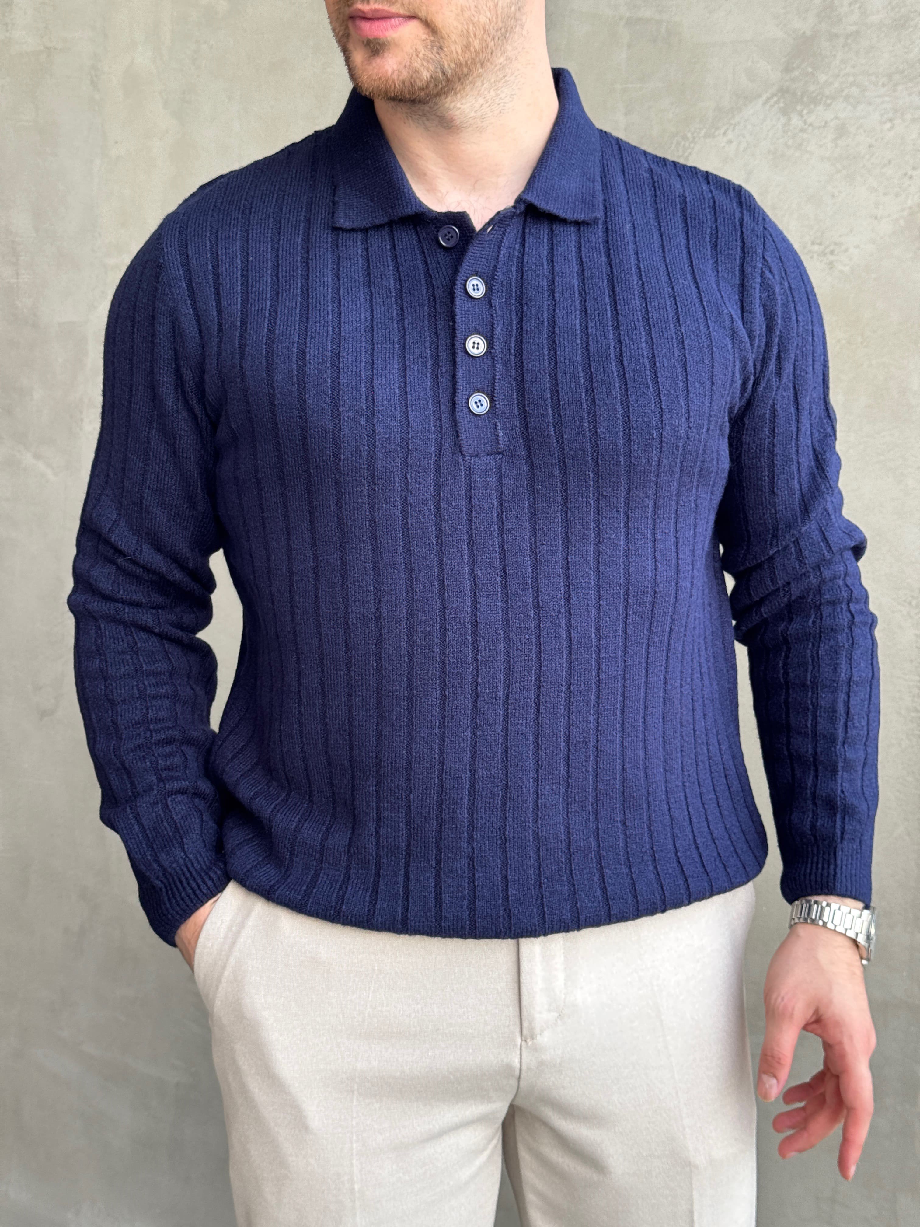 Erkek Yeni Sezon Regular Fit Düğme Detaylı Polo Yaka Triko Kazak-Lacivert(E1833)Ketench