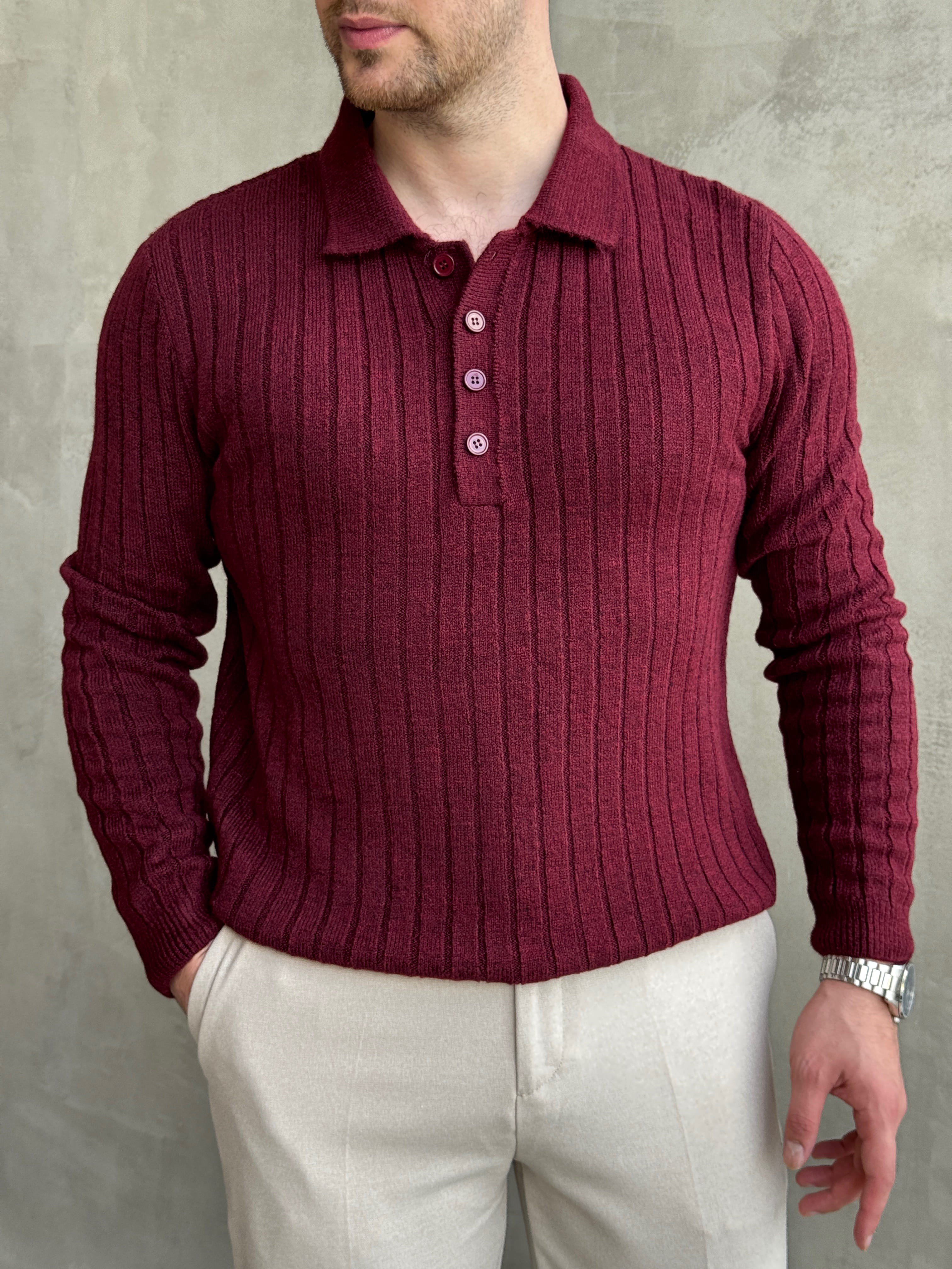 Erkek Yeni Sezon Regular Fit Düğme Detaylı Polo Yaka Triko Kazak-Bordo(E1833)Ketench