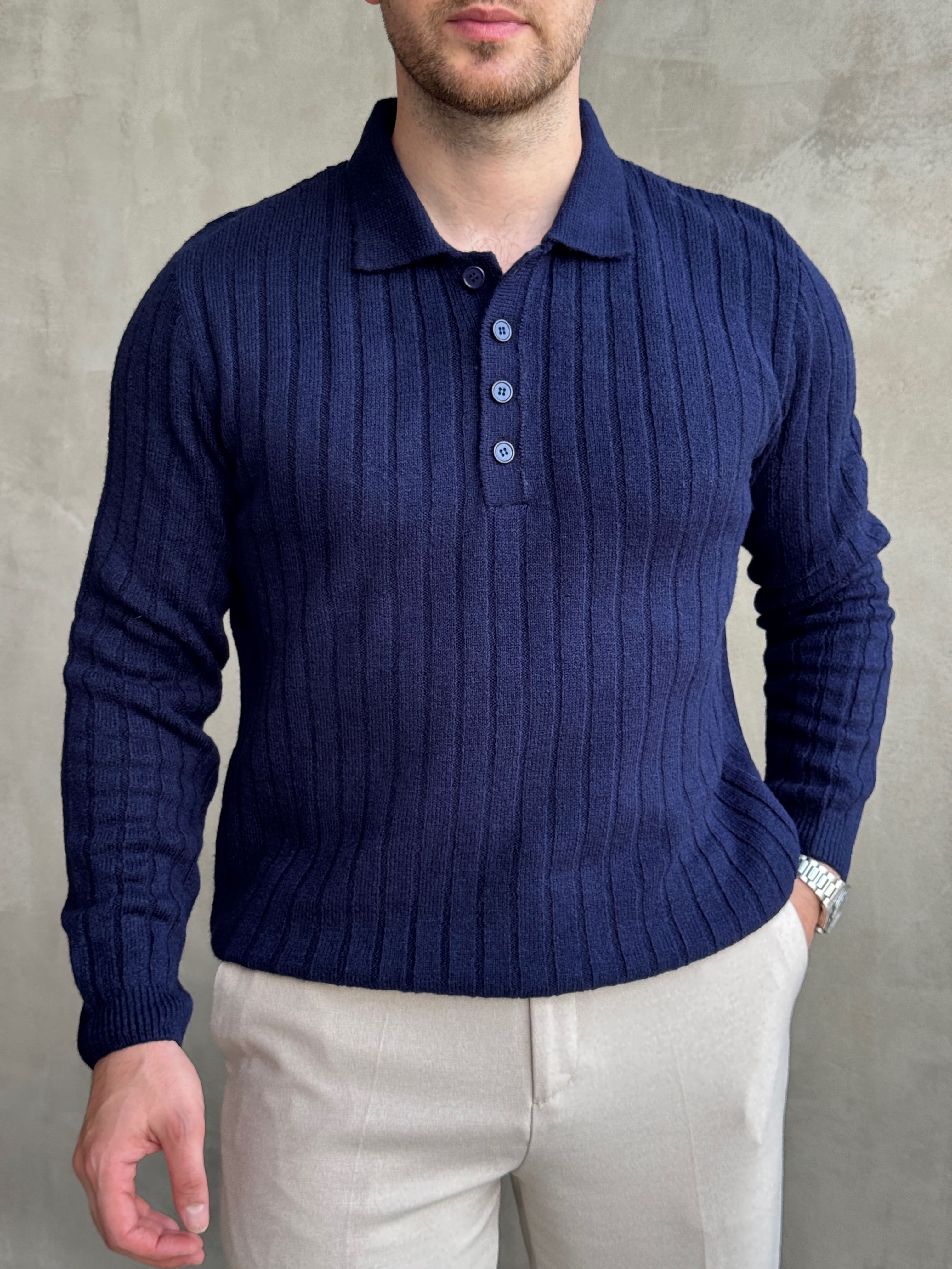 Erkek Yeni Sezon Regular Fit Düğme Detaylı Polo Yaka Triko Kazak-Lacivert(E1833)Ketench