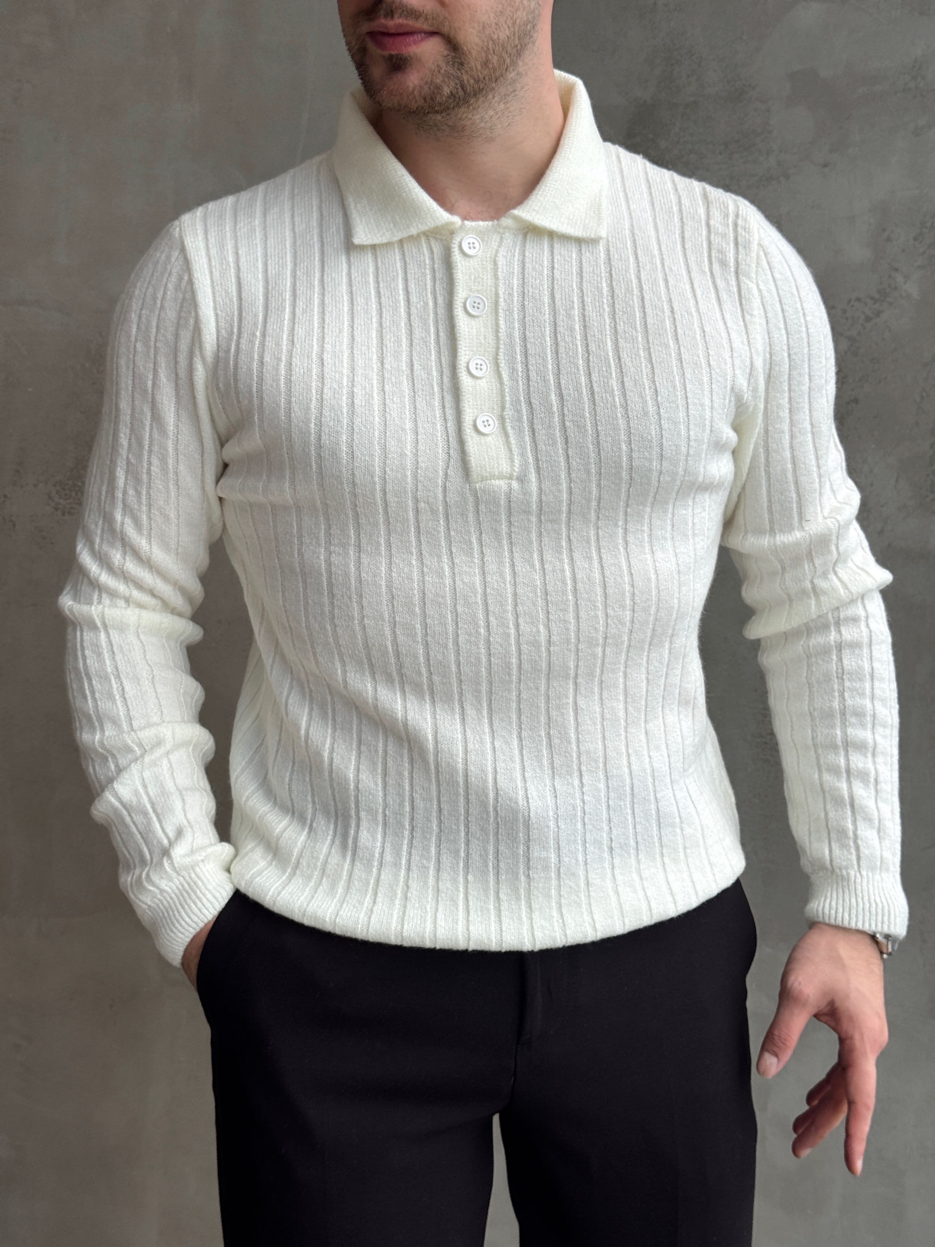 Erkek Yeni Sezon Regular Fit Düğme Detaylı Polo Yaka Triko Kazak-Ekru(E1833)Ketench