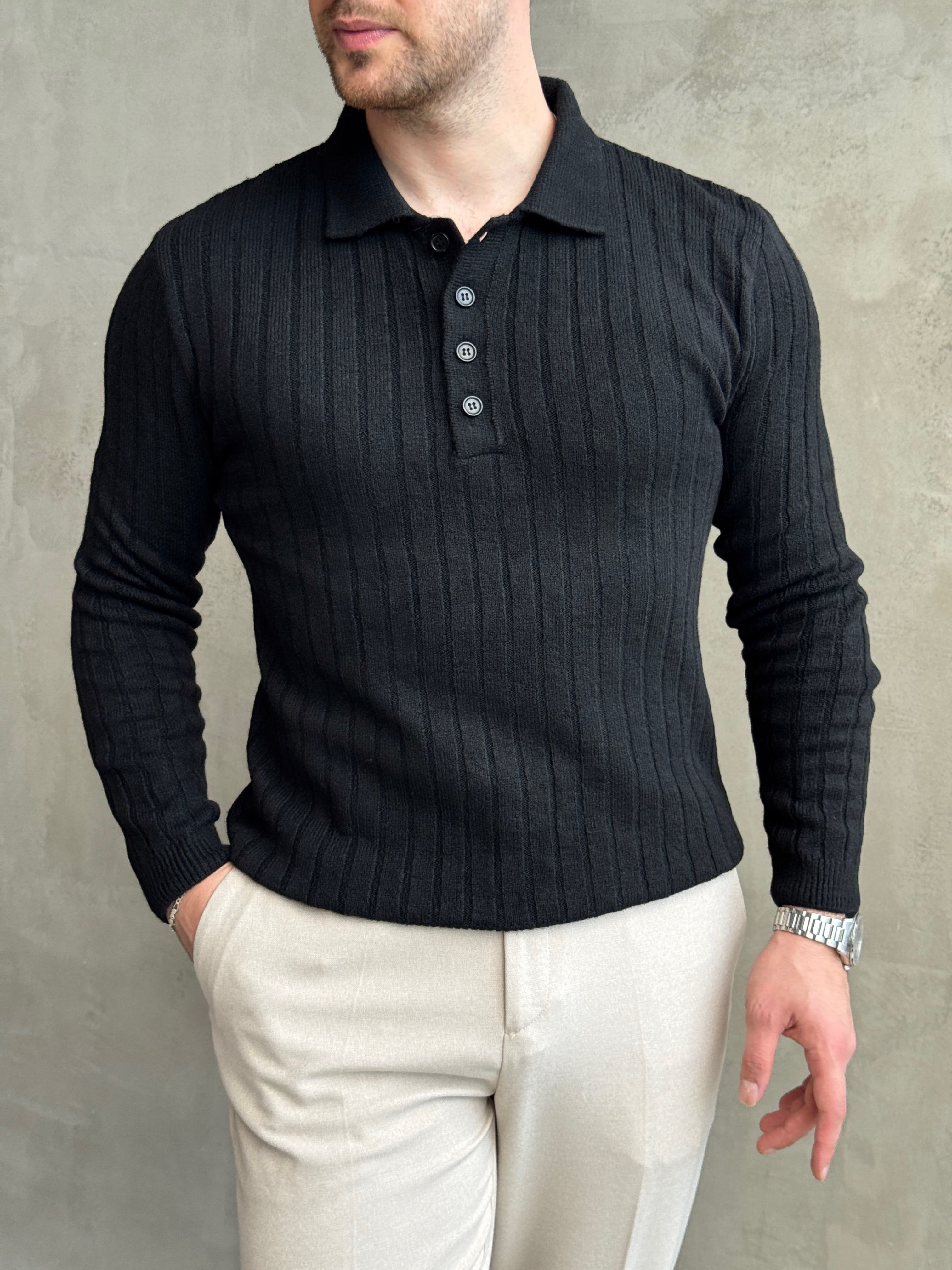Erkek Yeni Sezon Regular Fit Düğme Detaylı Polo Yaka Triko Kazak-Siyah(E1833)Ketench