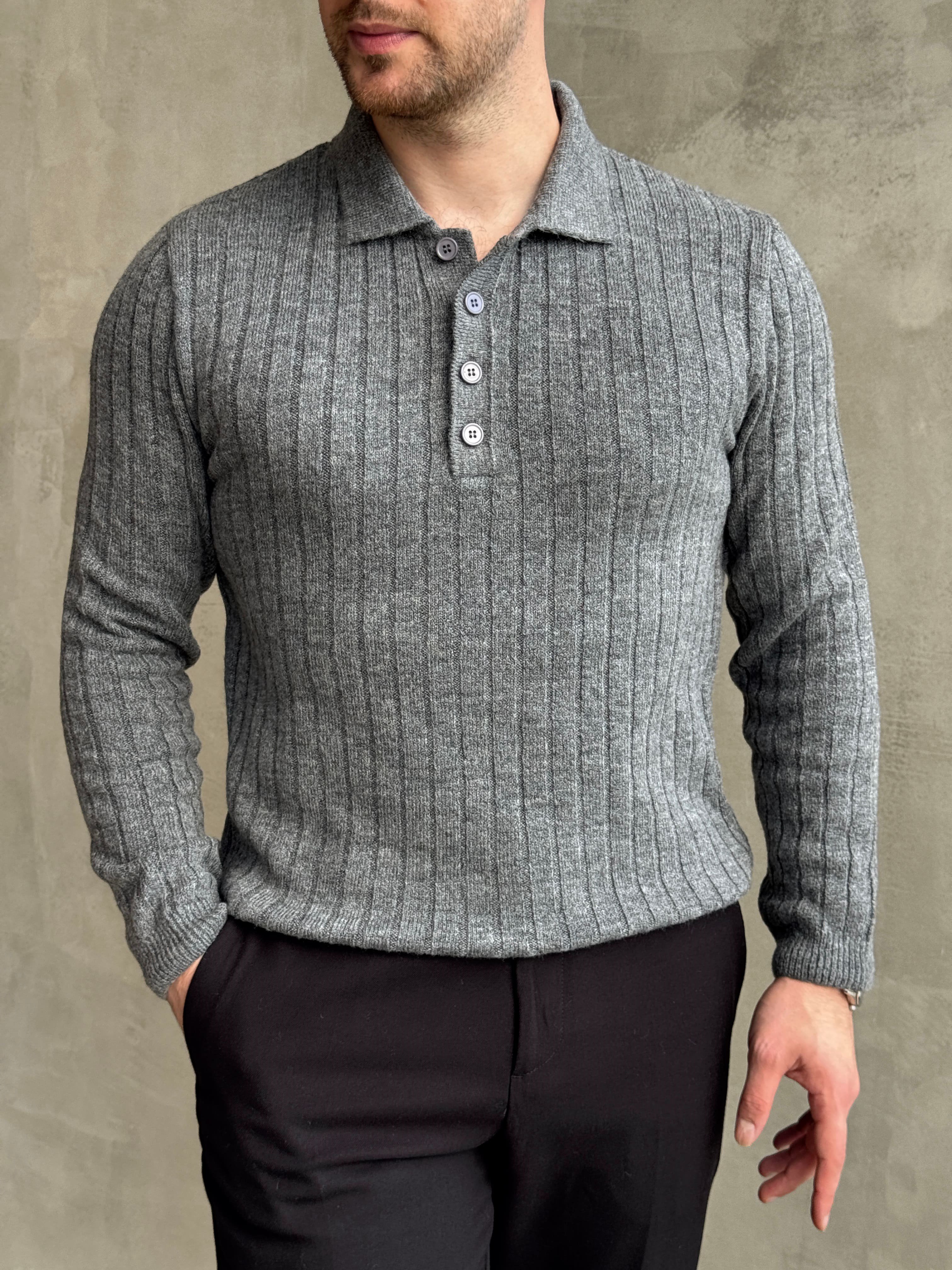 Erkek Yeni Sezon Regular Fit Düğme Detaylı Polo Yaka Triko Kazak-Antrasit(E1833)Ketench