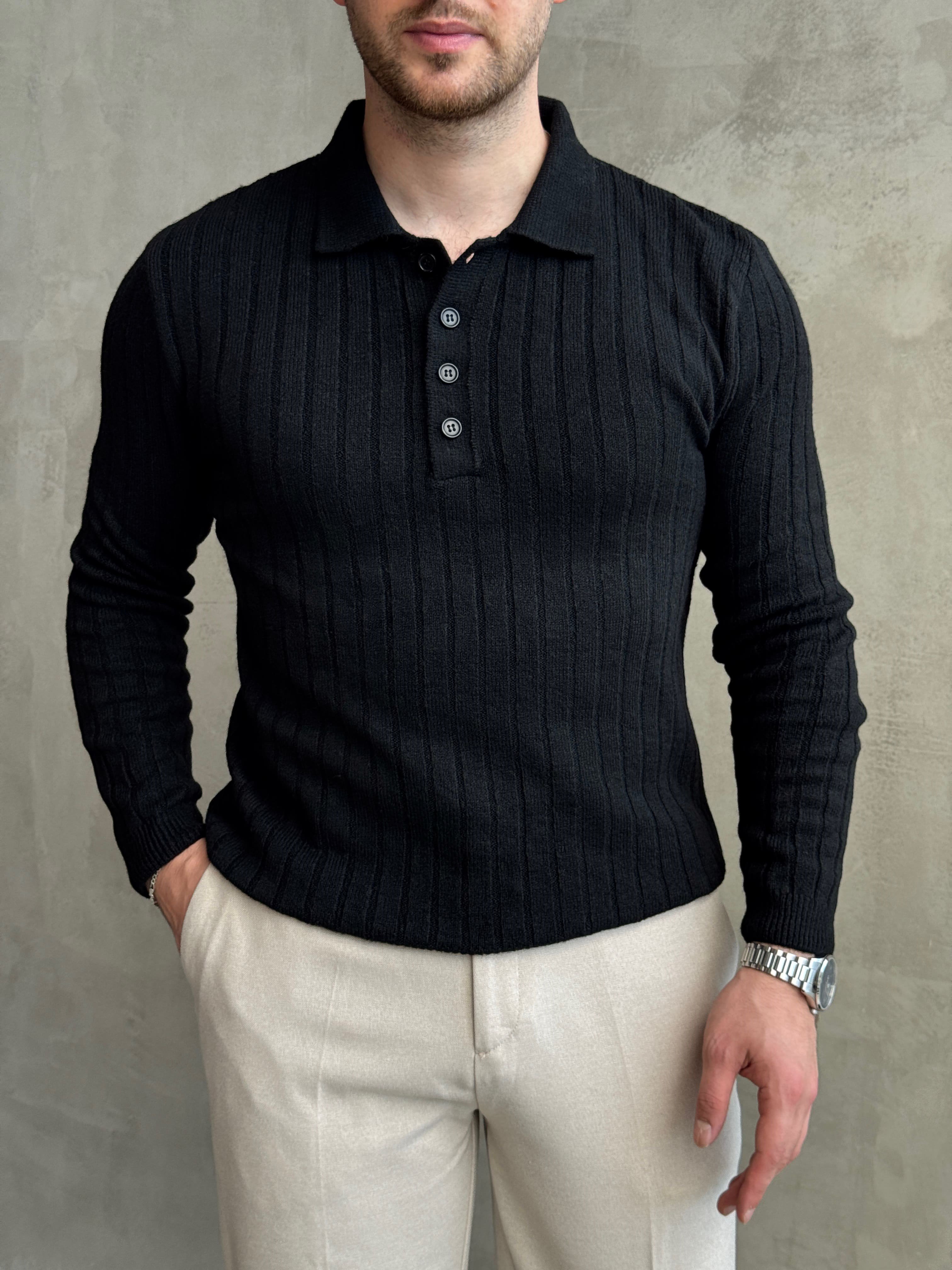 Erkek Yeni Sezon Regular Fit Düğme Detaylı Polo Yaka Triko Kazak-Siyah(E1833)Ketench