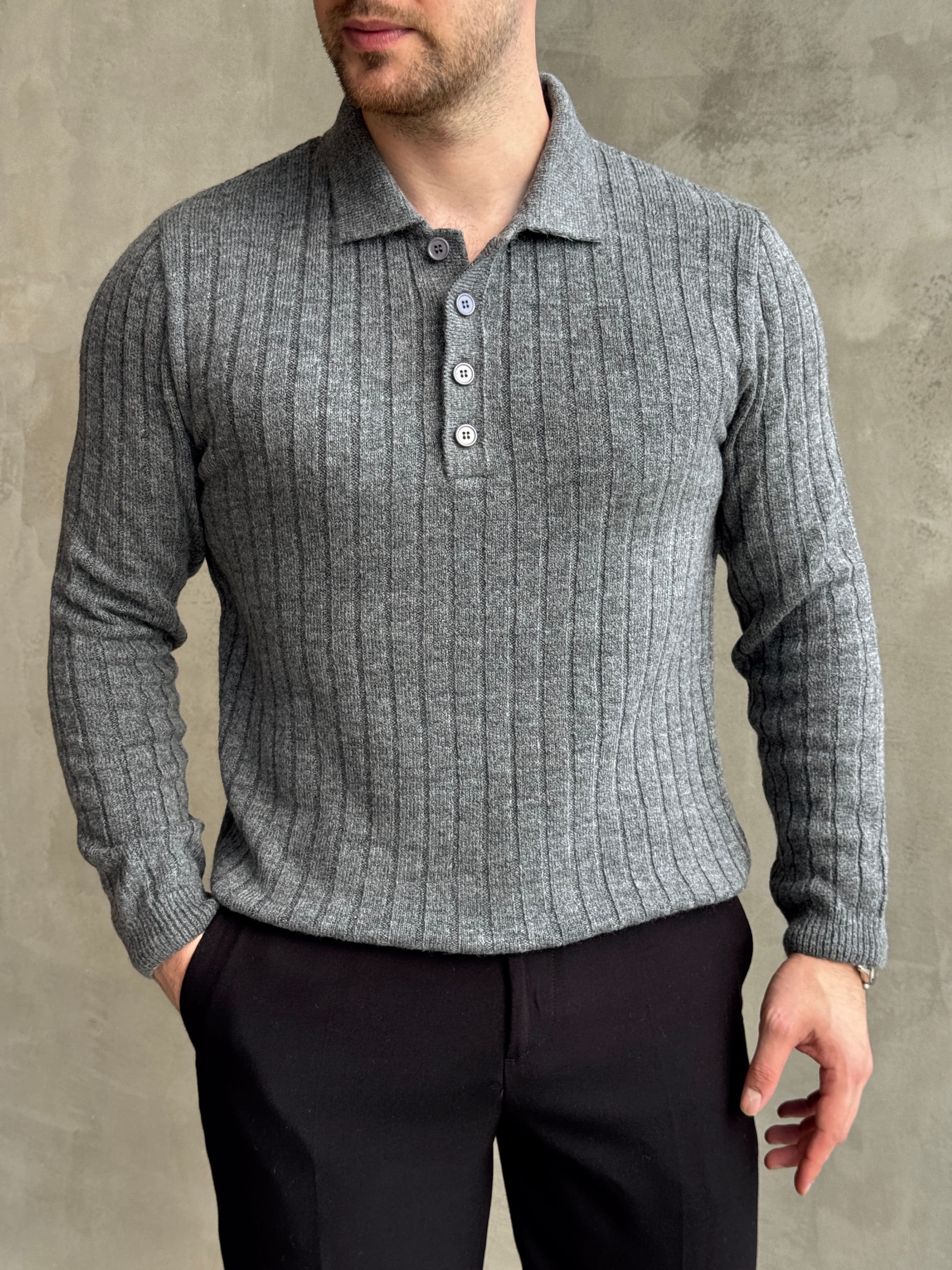 Erkek Yeni Sezon Regular Fit Düğme Detaylı Polo Yaka Triko Kazak-Antrasit(E1833)Ketench