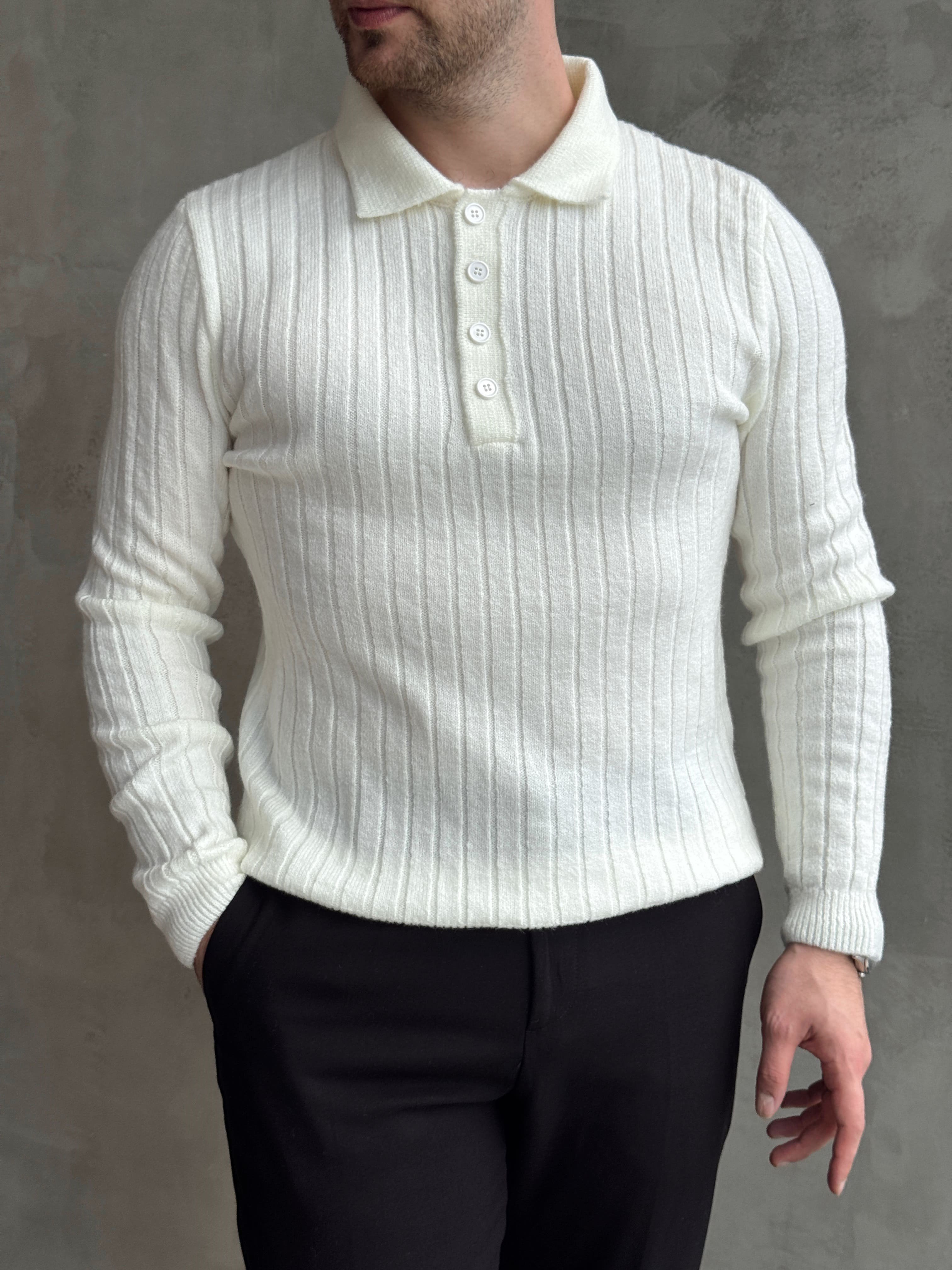 Erkek Yeni Sezon Regular Fit Düğme Detaylı Polo Yaka Triko Kazak-Ekru(E1833)Ketench