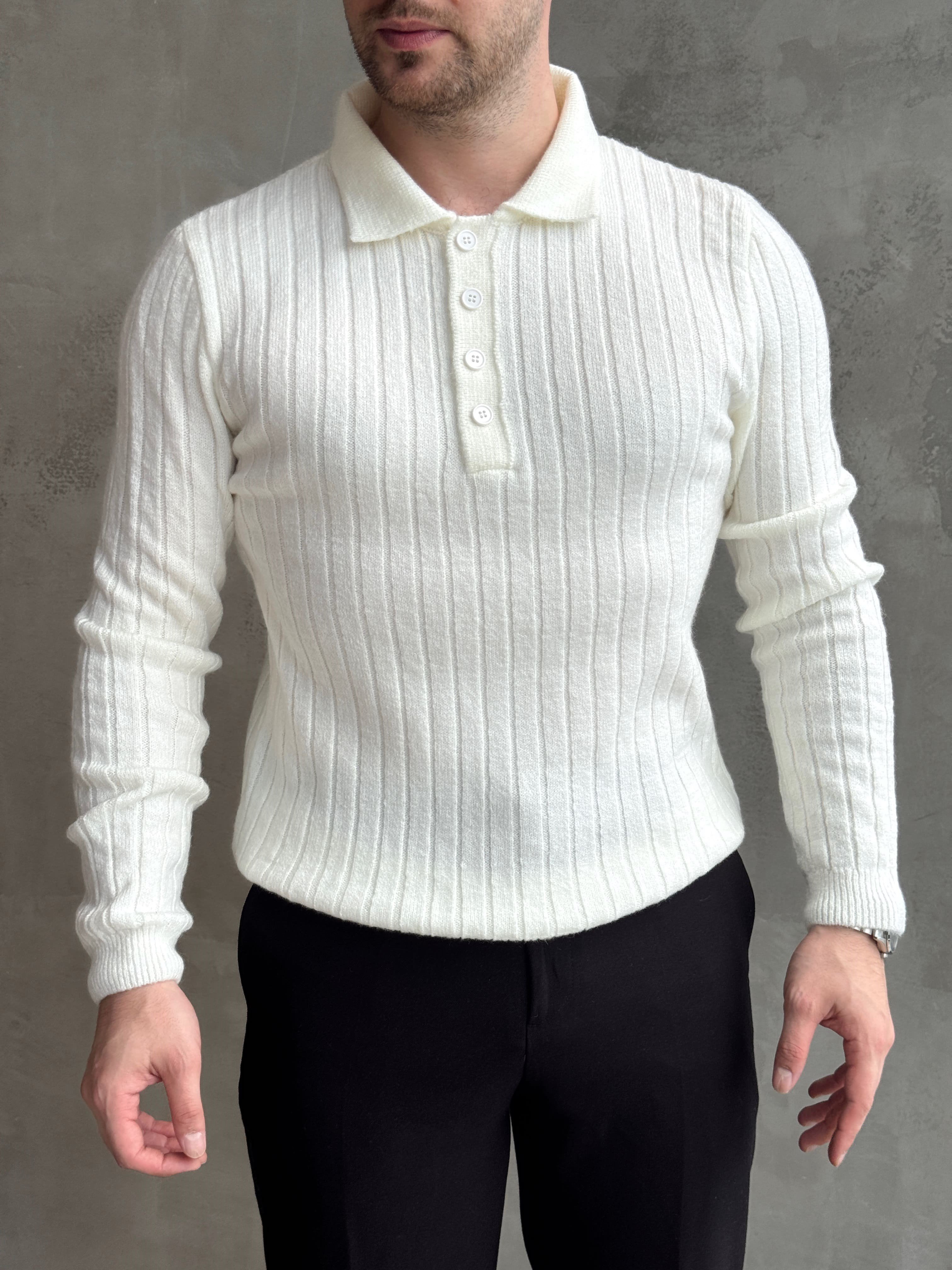 Erkek Yeni Sezon Regular Fit Düğme Detaylı Polo Yaka Triko Kazak-Ekru(E1833)Ketench