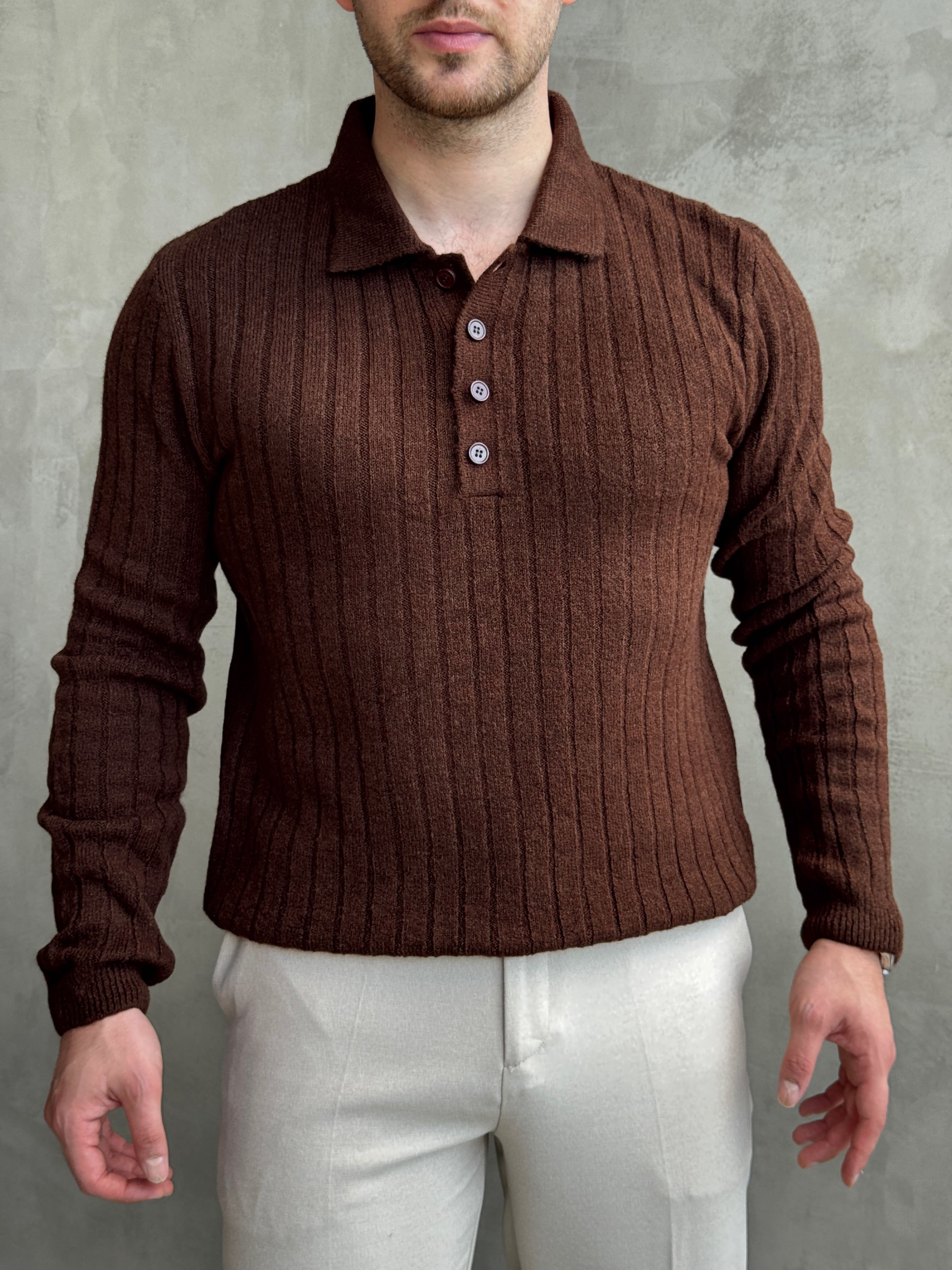 Erkek Yeni Sezon Regular Fit Düğme Detaylı Polo Yaka Triko Kazak-Kahverengi(E1833)Ketench