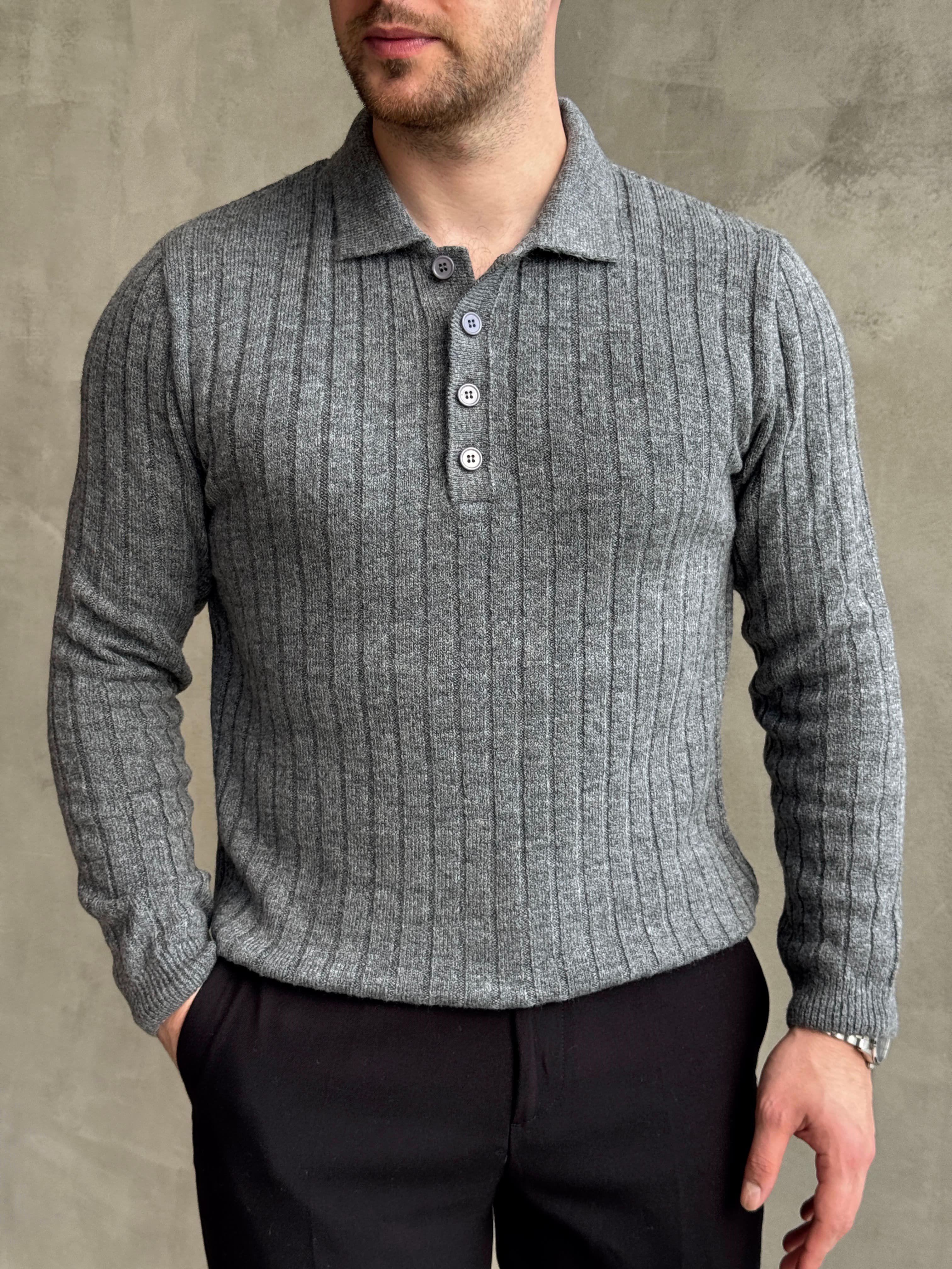 Erkek Yeni Sezon Regular Fit Düğme Detaylı Polo Yaka Triko Kazak-Antrasit(E1833)Ketench