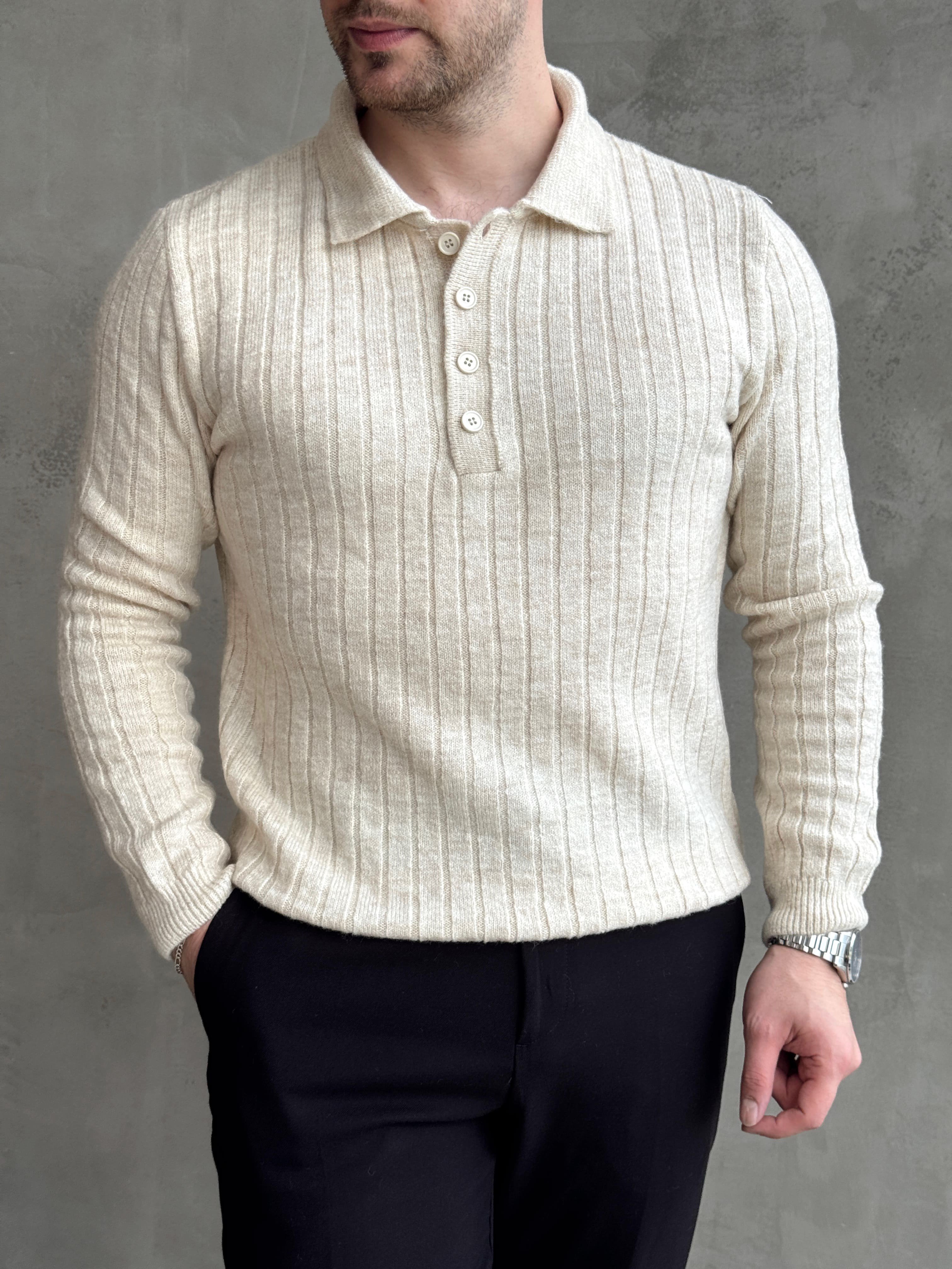 Erkek Yeni Sezon Regular Fit Düğme Detaylı Polo Yaka Triko Kazak-Bej(E1833)Ketench